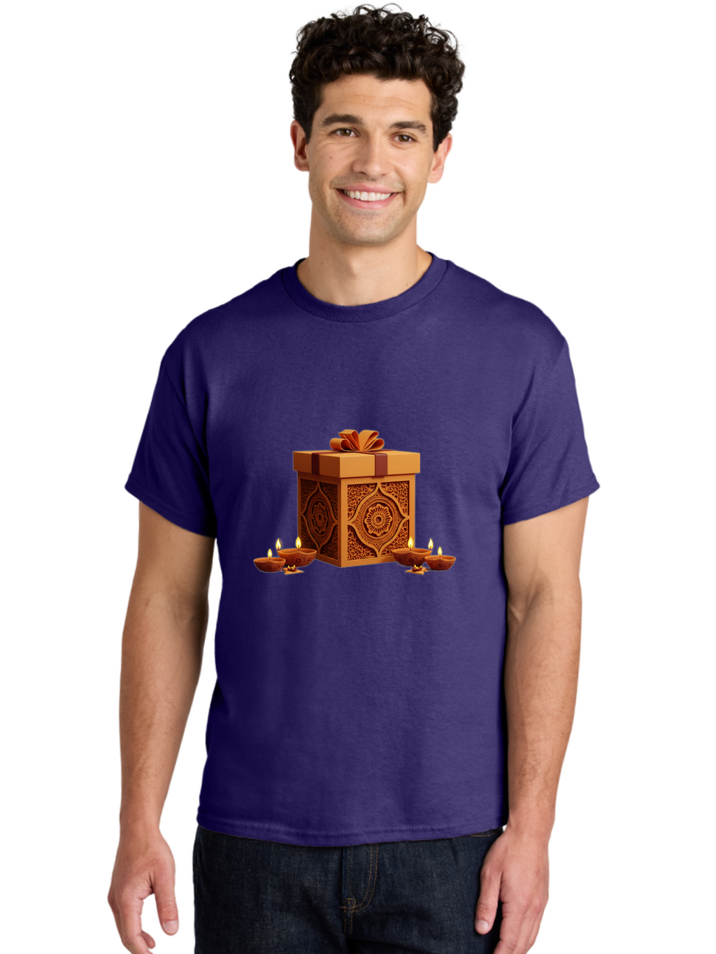 Gift-Box-With-Diyas-1 Men'S Graphic Tee, 100% Cotton, Comfortable Casual Summer Wear, Machine Washable, Gift Box, Diyas, Diwali Decorations, Traditional Indian Lamps, Festive Atmosphere, Golden Gift, Intricate Designs, Celebratory Ambiance, Bad141