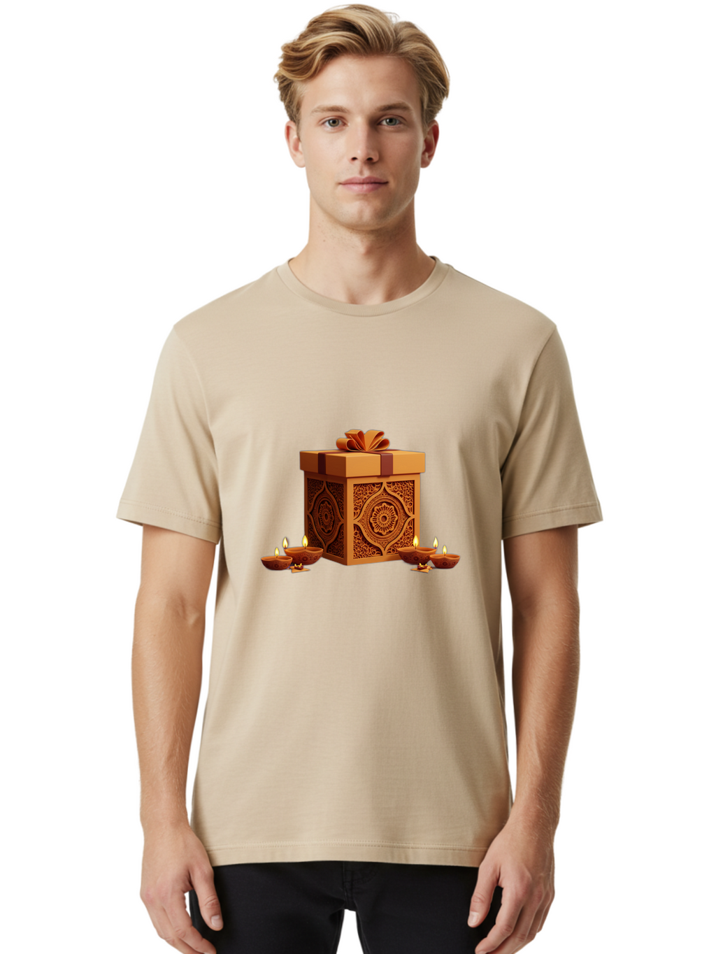 Gift-Box-With-Diyas-1 Men'S Graphic Tee, 100% Cotton, Comfortable Casual Summer Wear, Machine Washable, Gift Box, Diyas, Diwali Decorations, Traditional Indian Lamps, Festive Atmosphere, Golden Gift, Intricate Designs, Celebratory Ambiance, Bad141