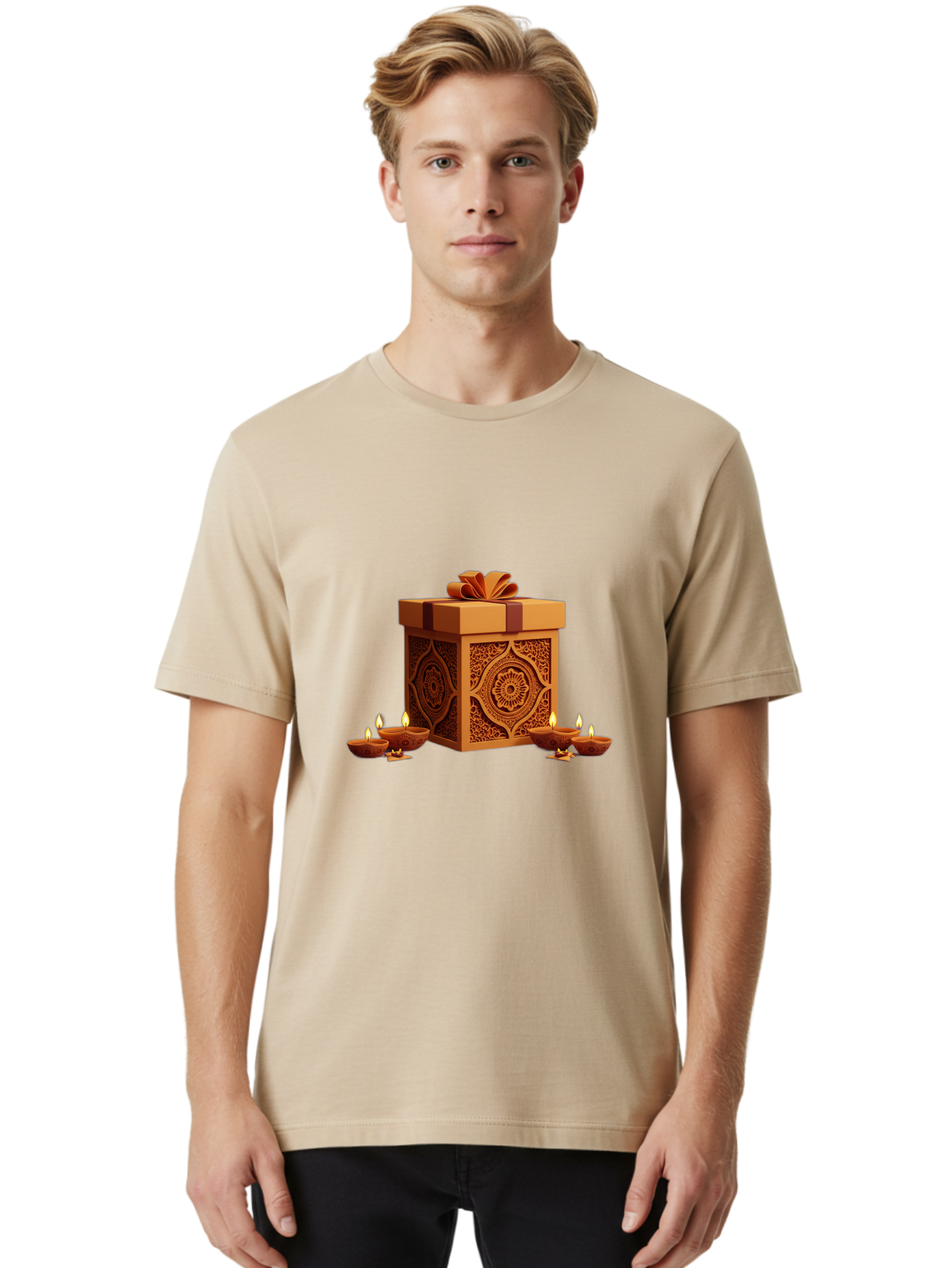 Gift-Box-With-Diyas-1 Men'S Graphic Tee, 100% Cotton, Comfortable Casual Summer Wear, Machine Washable, Gift Box, Diyas, Diwali Decorations, Traditional Indian Lamps, Festive Atmosphere, Golden Gift, Intricate Designs, Celebratory Ambiance, Bad141