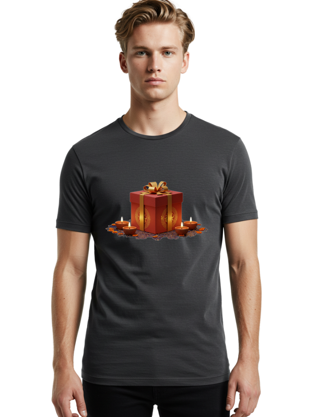 Gift-Box-With-Diyas Men'S Graphic Tee, 100% Cotton, Comfortable Casual Summer Wear, Machine Washable, Gift Box, Red Gift Wrapping, Golden Ribbon, Diyas, Lit Candles, Festive Decor, Celebration, Diwali Gift, Traditional Indian, Hindu Festival Bad142