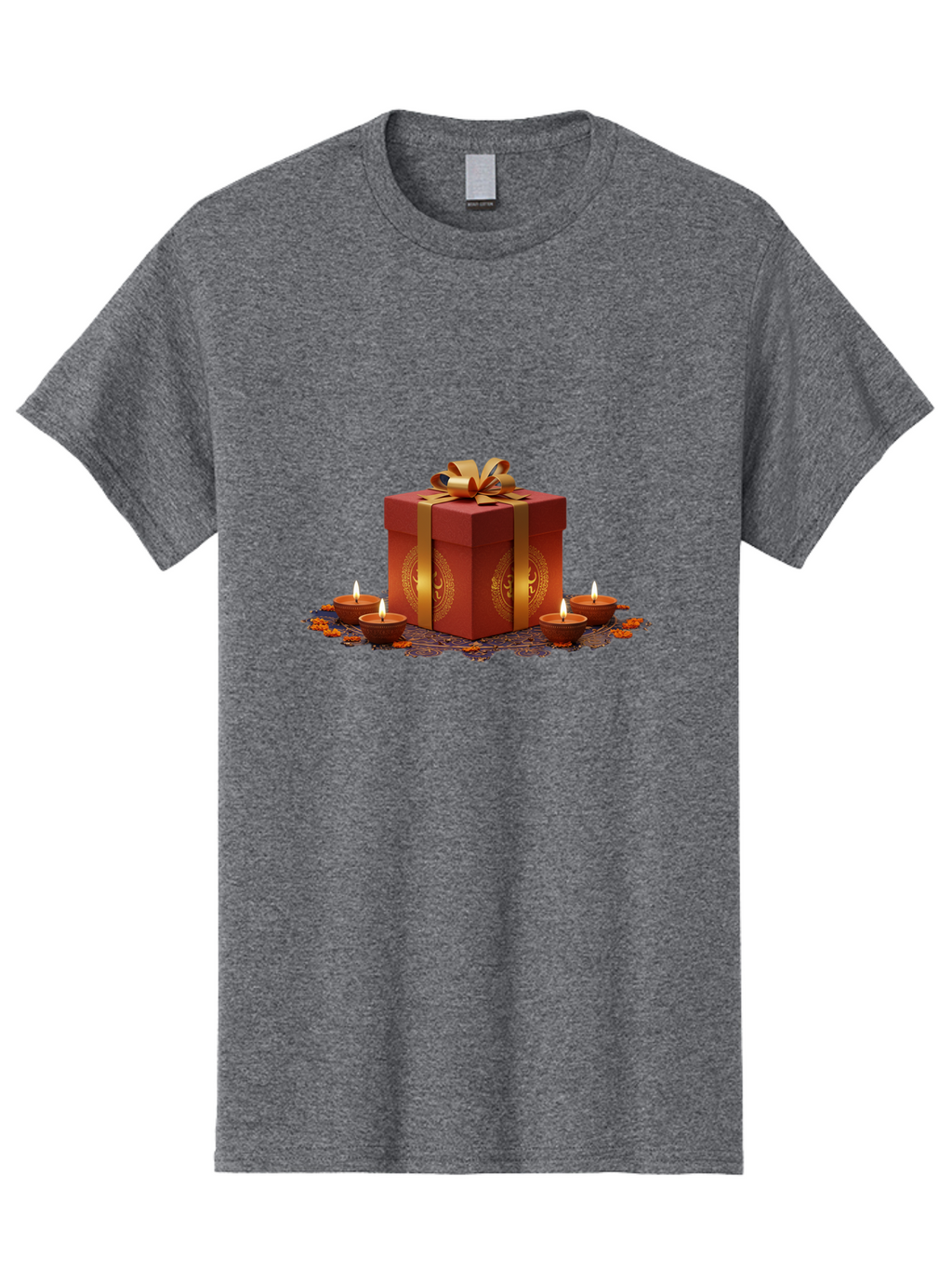 Gift-Box-With-Diyas Men'S Graphic Tee, 100% Cotton, Comfortable Casual Summer Wear, Machine Washable, Gift Box, Red Gift Wrapping, Golden Ribbon, Diyas, Lit Candles, Festive Decor, Celebration, Diwali Gift, Traditional Indian, Hindu Festival Bad142