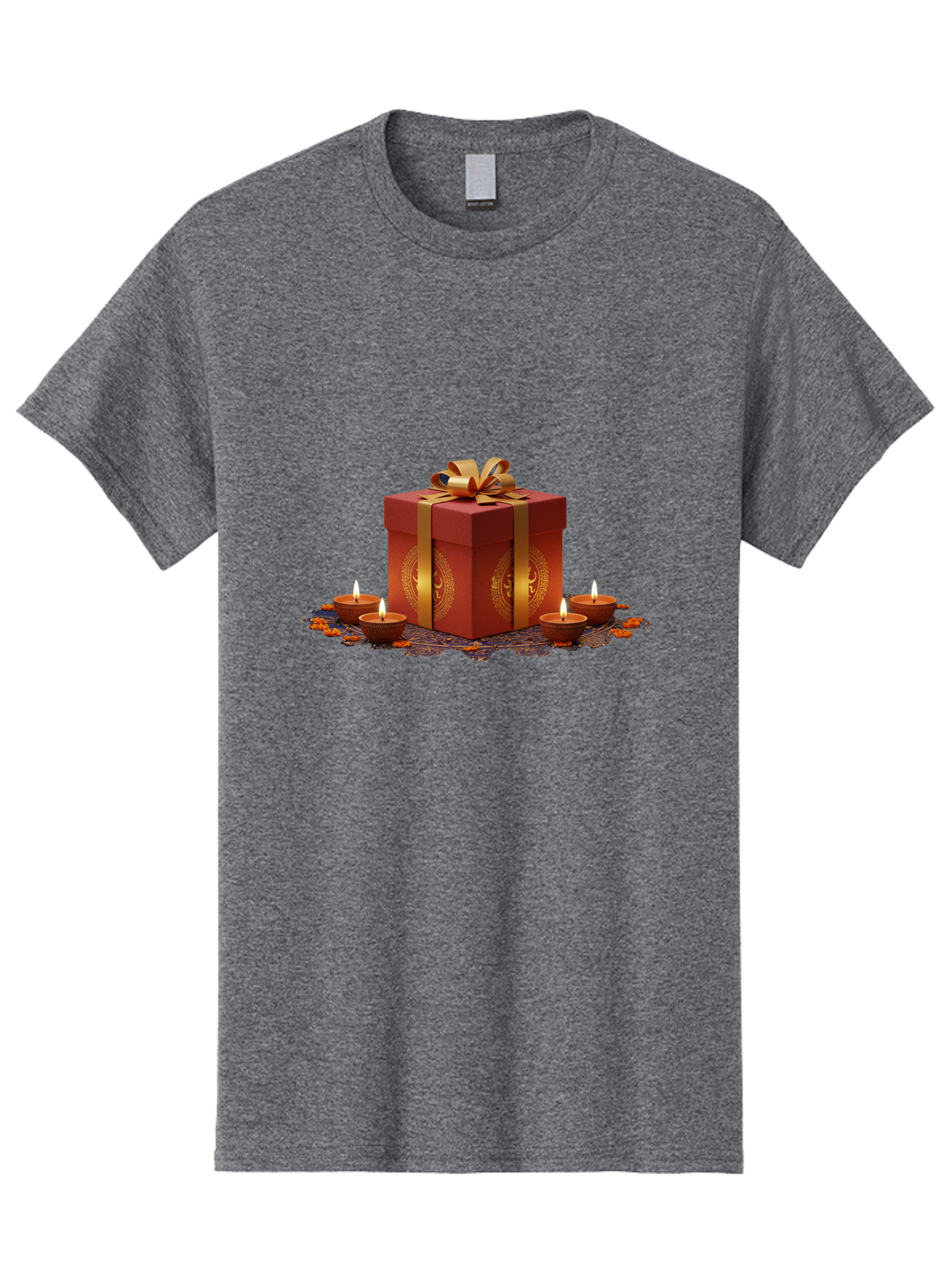 Gift-Box-With-Diyas Men'S Graphic Tee, 100% Cotton, Comfortable Casual Summer Wear, Machine Washable, Gift Box, Red Gift Wrapping, Golden Ribbon, Diyas, Lit Candles, Festive Decor, Celebration, Diwali Gift, Traditional Indian, Hindu Festival Bad142