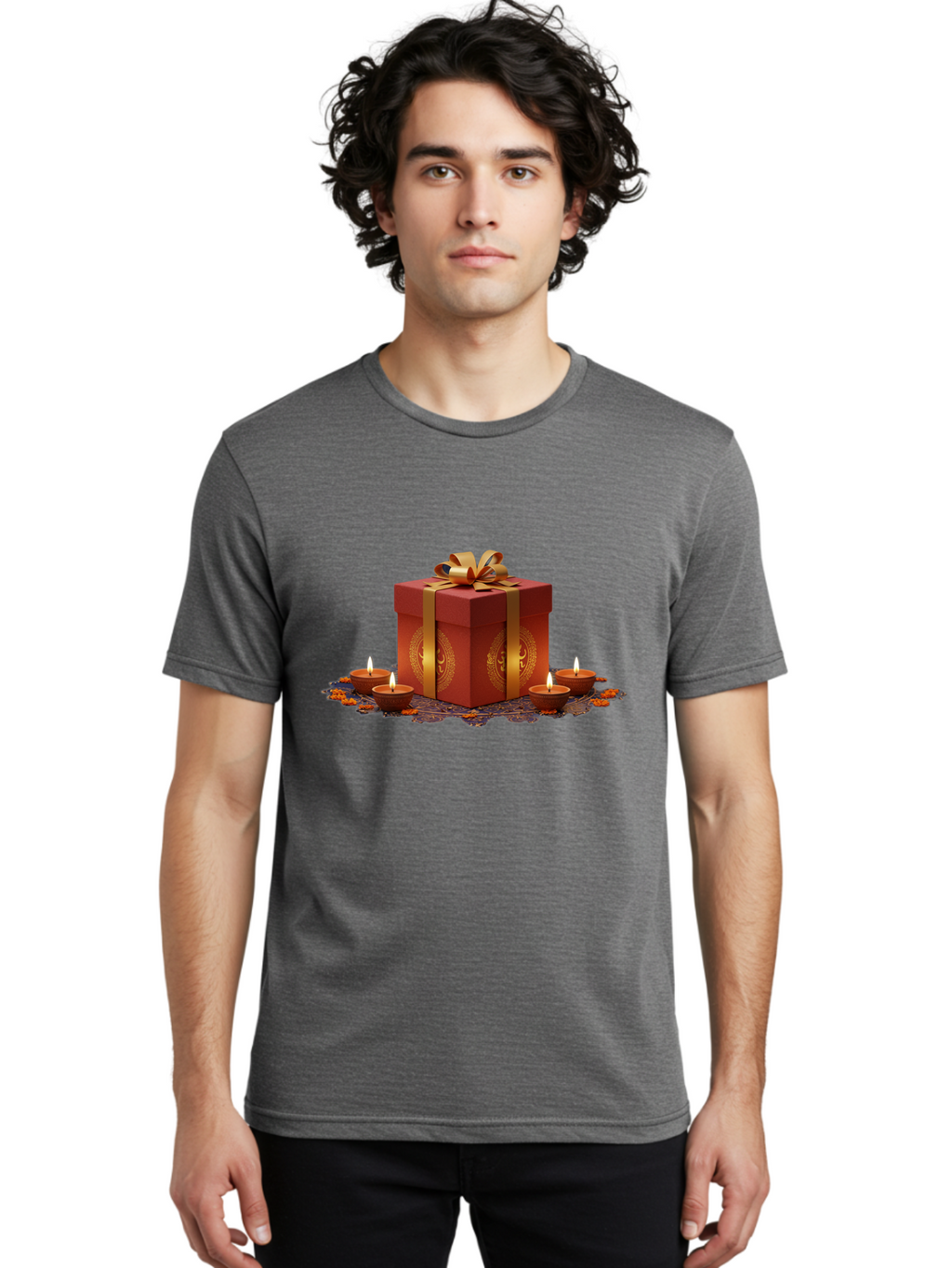 Gift-Box-With-Diyas Men'S Graphic Tee, 100% Cotton, Comfortable Casual Summer Wear, Machine Washable, Gift Box, Red Gift Wrapping, Golden Ribbon, Diyas, Lit Candles, Festive Decor, Celebration, Diwali Gift, Traditional Indian, Hindu Festival Bad142