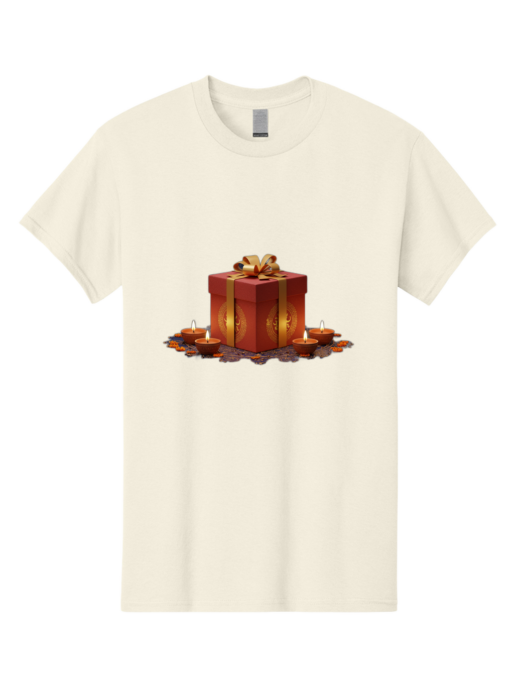 Gift-Box-With-Diyas Men'S Graphic Tee, 100% Cotton, Comfortable Casual Summer Wear, Machine Washable, Gift Box, Red Gift Wrapping, Golden Ribbon, Diyas, Lit Candles, Festive Decor, Celebration, Diwali Gift, Traditional Indian, Hindu Festival Bad142