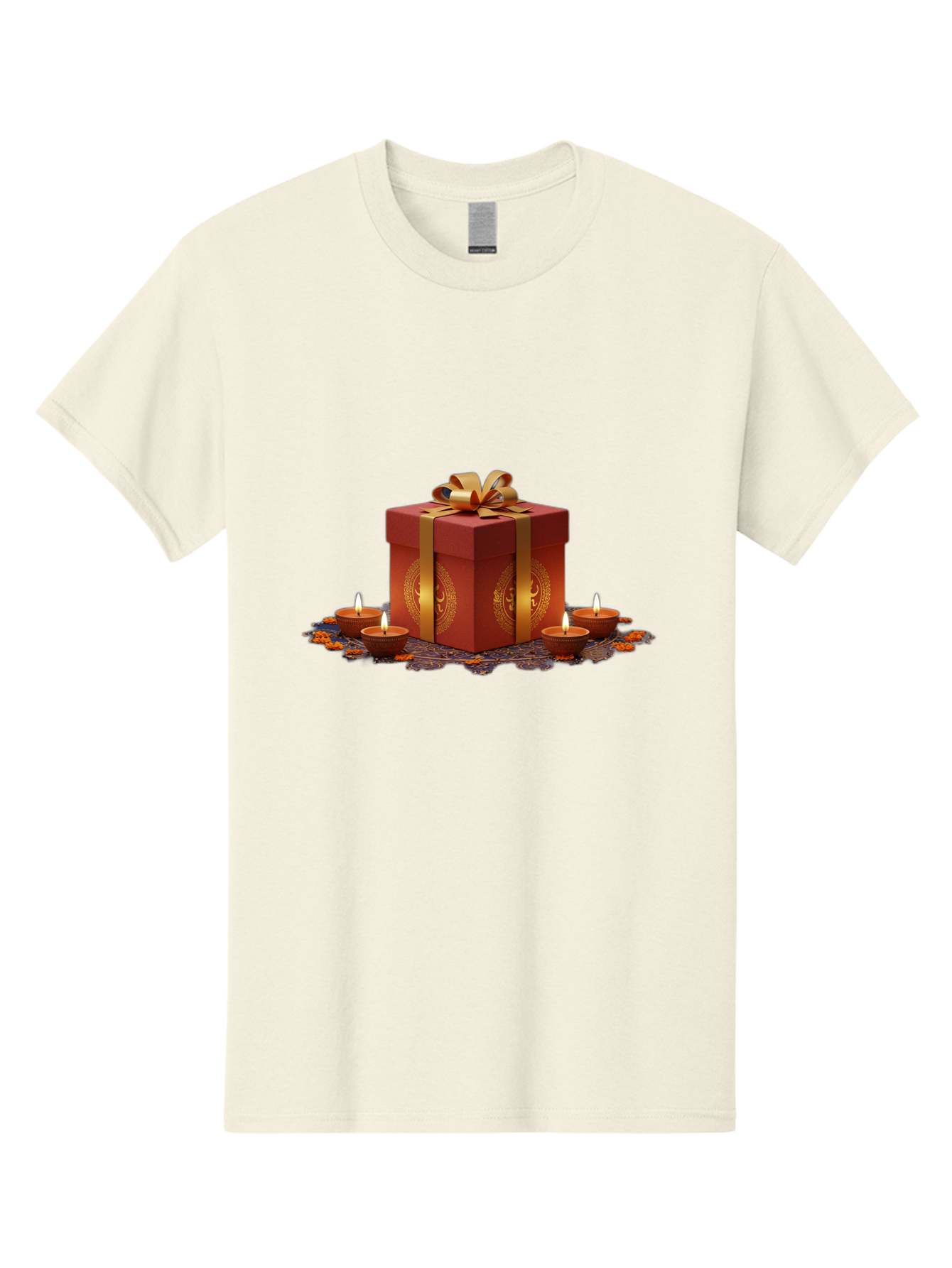 Gift-Box-With-Diyas Men'S Graphic Tee, 100% Cotton, Comfortable Casual Summer Wear, Machine Washable, Gift Box, Red Gift Wrapping, Golden Ribbon, Diyas, Lit Candles, Festive Decor, Celebration, Diwali Gift, Traditional Indian, Hindu Festival Bad142