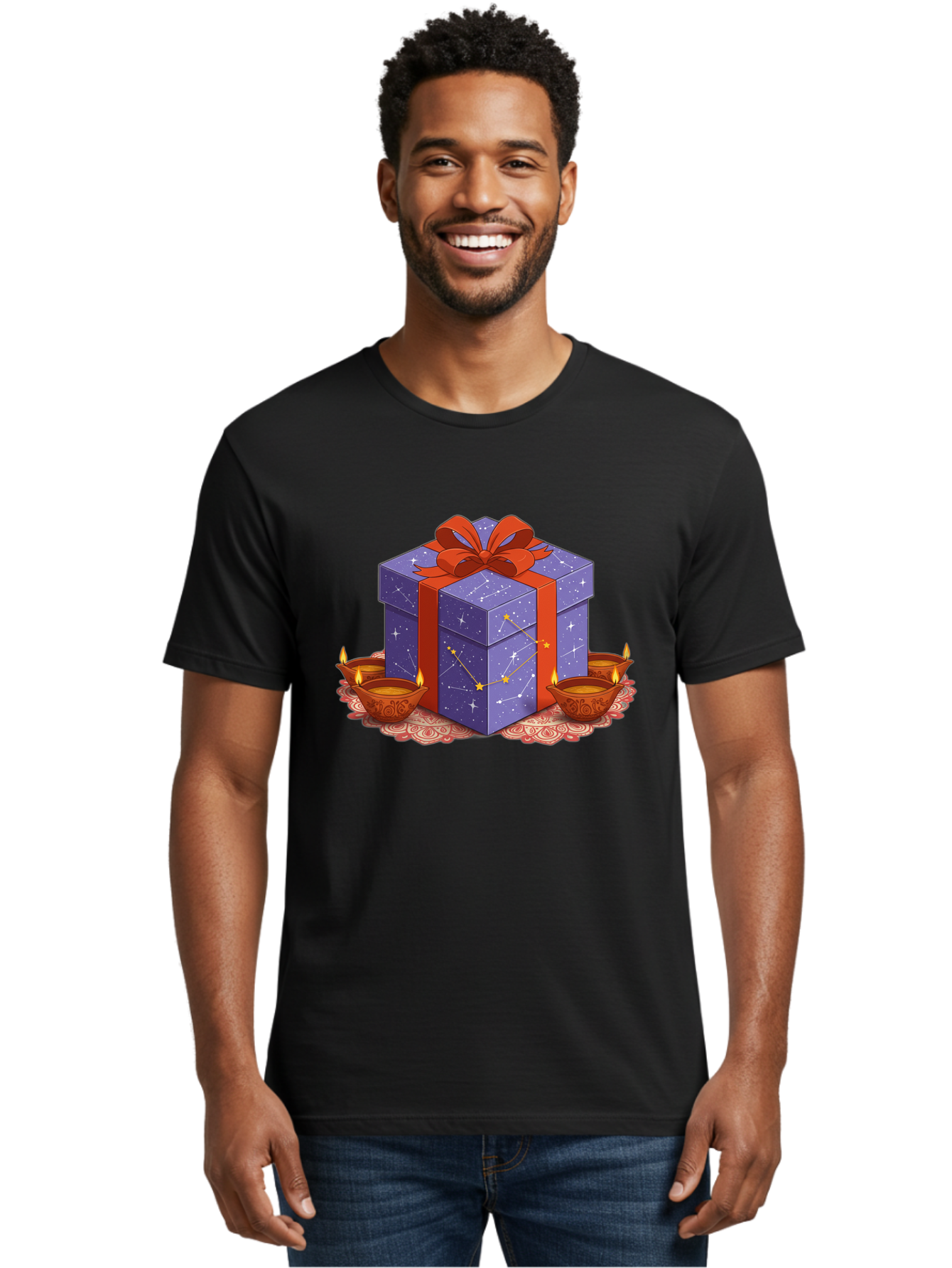 Gift-Box-With-Stars Men'S Graphic Tee, 100% Cotton, Comfortable Casual Summer Wear, Machine Washable, Gift Box With Stars, Constellation Pattern, Diyas With Candles, Festive Celebration, Decorative Elements, Traditional Indian Culture, Bad143
