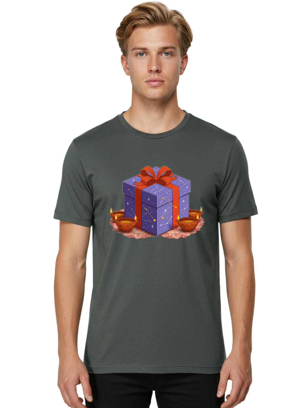 Gift-Box-With-Stars Men'S Graphic Tee, 100% Cotton, Comfortable Casual Summer Wear, Machine Washable, Gift Box With Stars, Constellation Pattern, Diyas With Candles, Festive Celebration, Decorative Elements, Traditional Indian Culture, Bad143