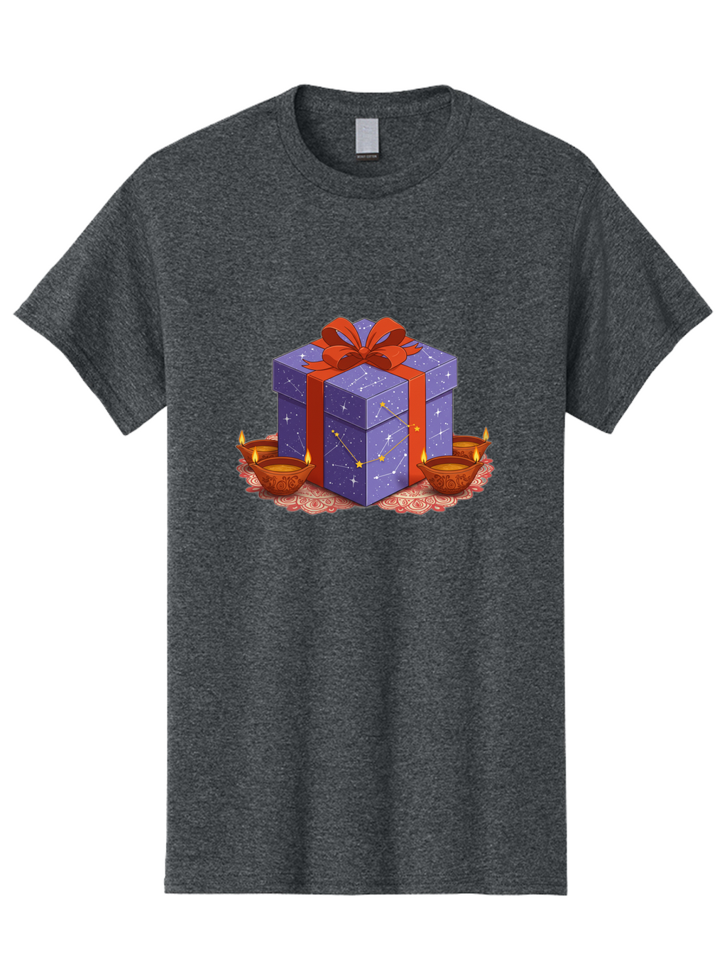 Gift-Box-With-Stars Men'S Graphic Tee, 100% Cotton, Comfortable Casual Summer Wear, Machine Washable, Gift Box With Stars, Constellation Pattern, Diyas With Candles, Festive Celebration, Decorative Elements, Traditional Indian Culture, Bad143