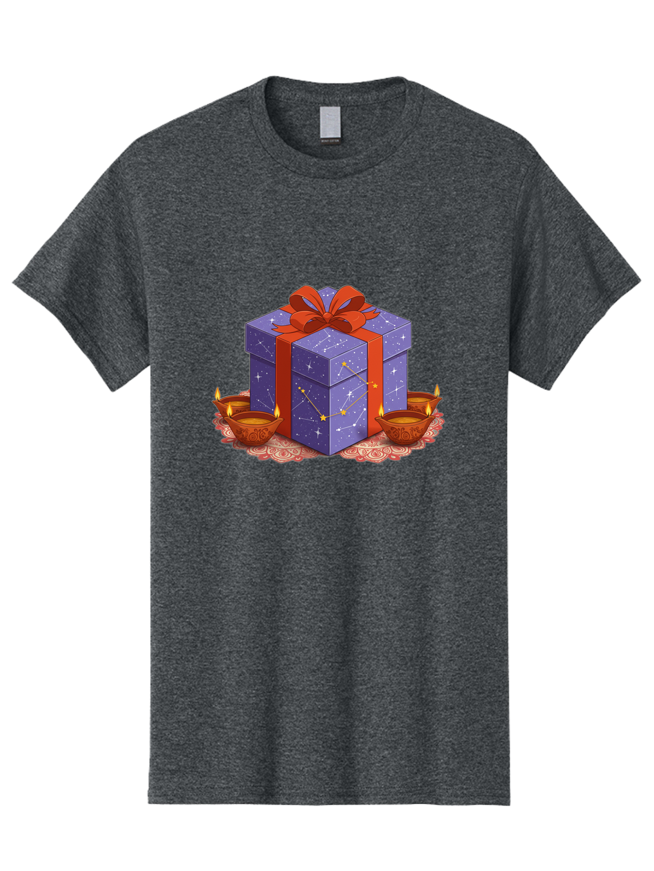 Gift-Box-With-Stars Men'S Graphic Tee, 100% Cotton, Comfortable Casual Summer Wear, Machine Washable, Gift Box With Stars, Constellation Pattern, Diyas With Candles, Festive Celebration, Decorative Elements, Traditional Indian Culture, Bad143