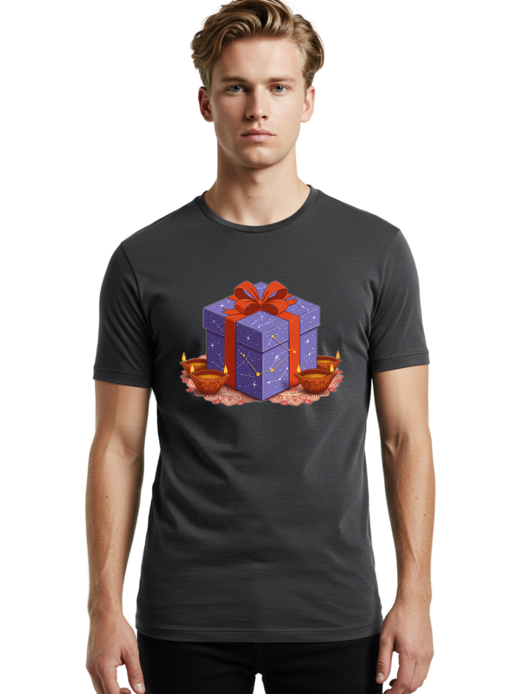 Gift-Box-With-Stars Men'S Graphic Tee, 100% Cotton, Comfortable Casual Summer Wear, Machine Washable, Gift Box With Stars, Constellation Pattern, Diyas With Candles, Festive Celebration, Decorative Elements, Traditional Indian Culture, Bad143