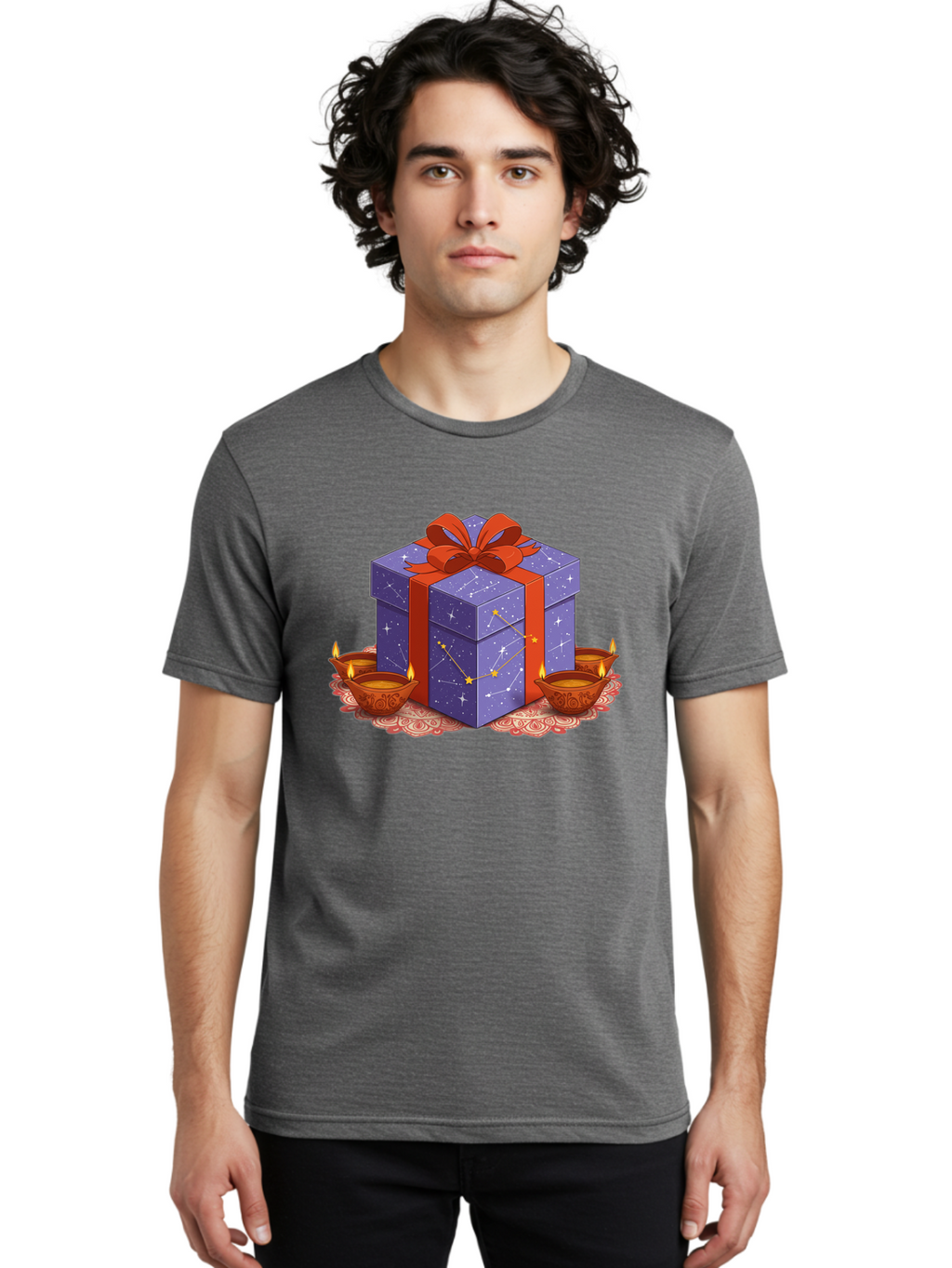 Gift-Box-With-Stars Men'S Graphic Tee, 100% Cotton, Comfortable Casual Summer Wear, Machine Washable, Gift Box With Stars, Constellation Pattern, Diyas With Candles, Festive Celebration, Decorative Elements, Traditional Indian Culture, Bad143
