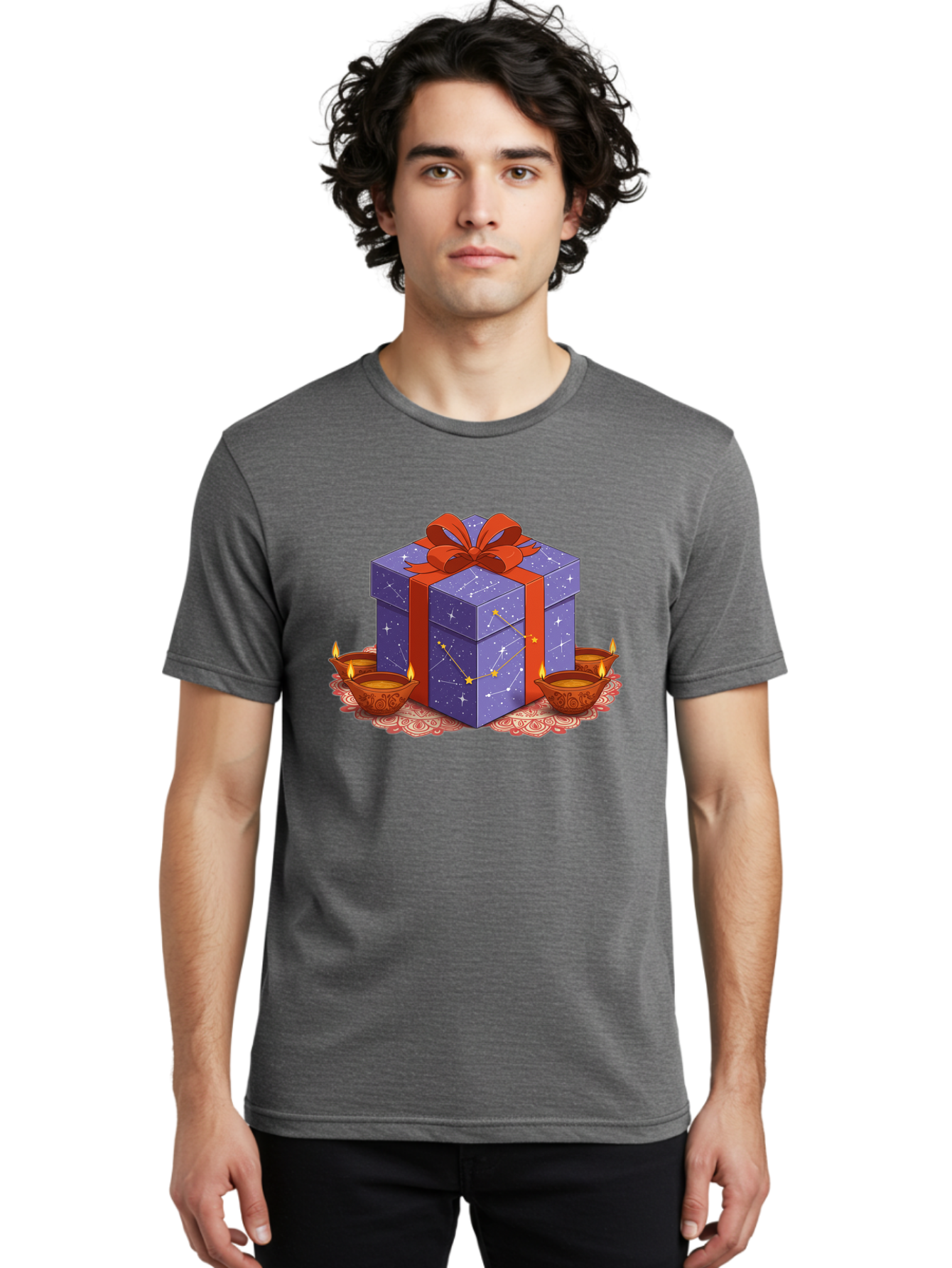 Gift-Box-With-Stars Men'S Graphic Tee, 100% Cotton, Comfortable Casual Summer Wear, Machine Washable, Gift Box With Stars, Constellation Pattern, Diyas With Candles, Festive Celebration, Decorative Elements, Traditional Indian Culture, Bad143
