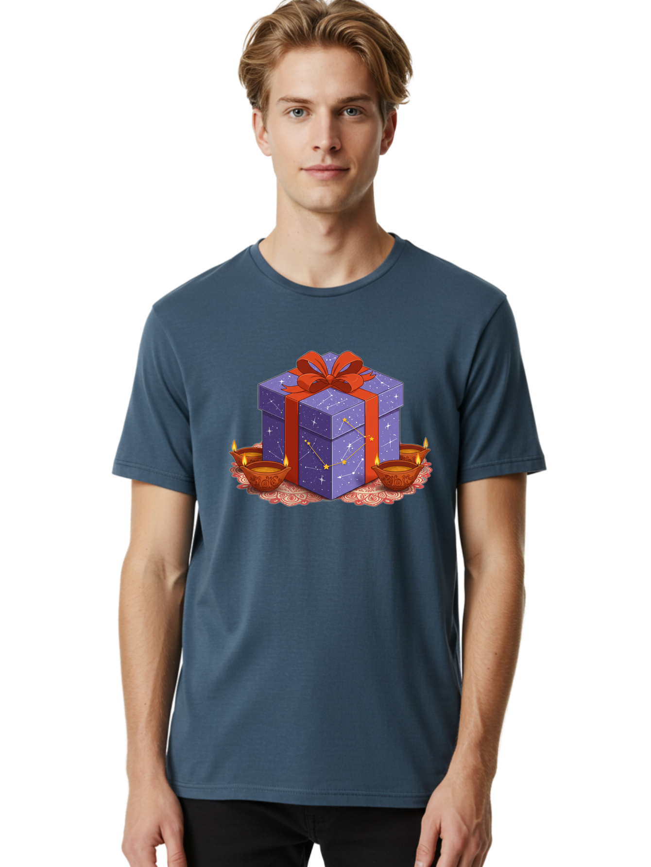Gift-Box-With-Stars Men'S Graphic Tee, 100% Cotton, Comfortable Casual Summer Wear, Machine Washable, Gift Box With Stars, Constellation Pattern, Diyas With Candles, Festive Celebration, Decorative Elements, Traditional Indian Culture, Bad143