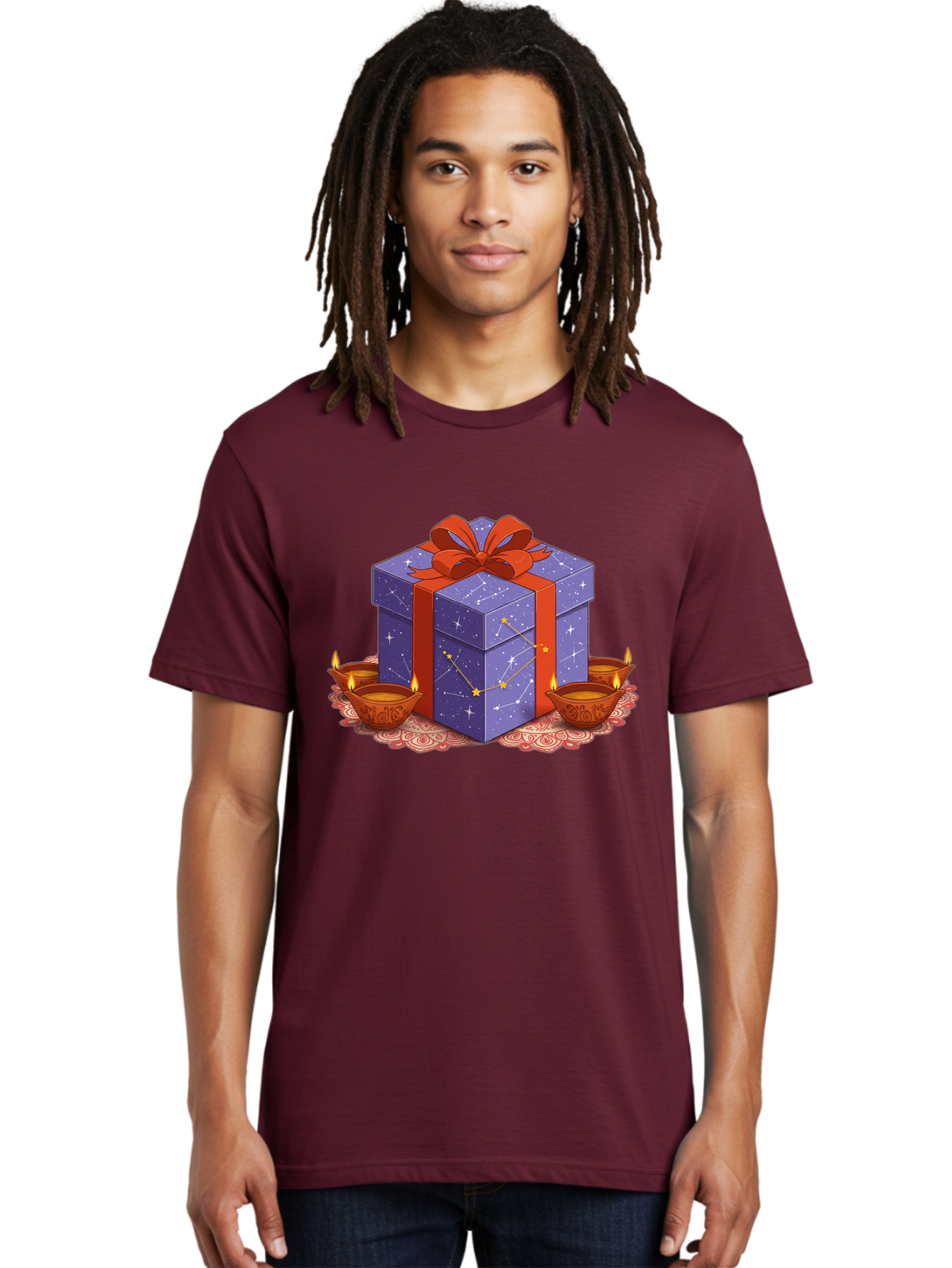 Gift-Box-With-Stars Men'S Graphic Tee, 100% Cotton, Comfortable Casual Summer Wear, Machine Washable, Gift Box With Stars, Constellation Pattern, Diyas With Candles, Festive Celebration, Decorative Elements, Traditional Indian Culture, Bad143