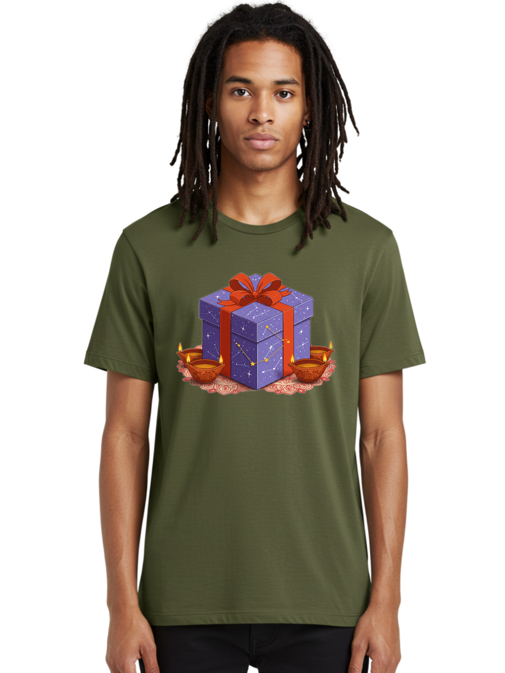 Gift-Box-With-Stars Men'S Graphic Tee, 100% Cotton, Comfortable Casual Summer Wear, Machine Washable, Gift Box With Stars, Constellation Pattern, Diyas With Candles, Festive Celebration, Decorative Elements, Traditional Indian Culture, Bad143