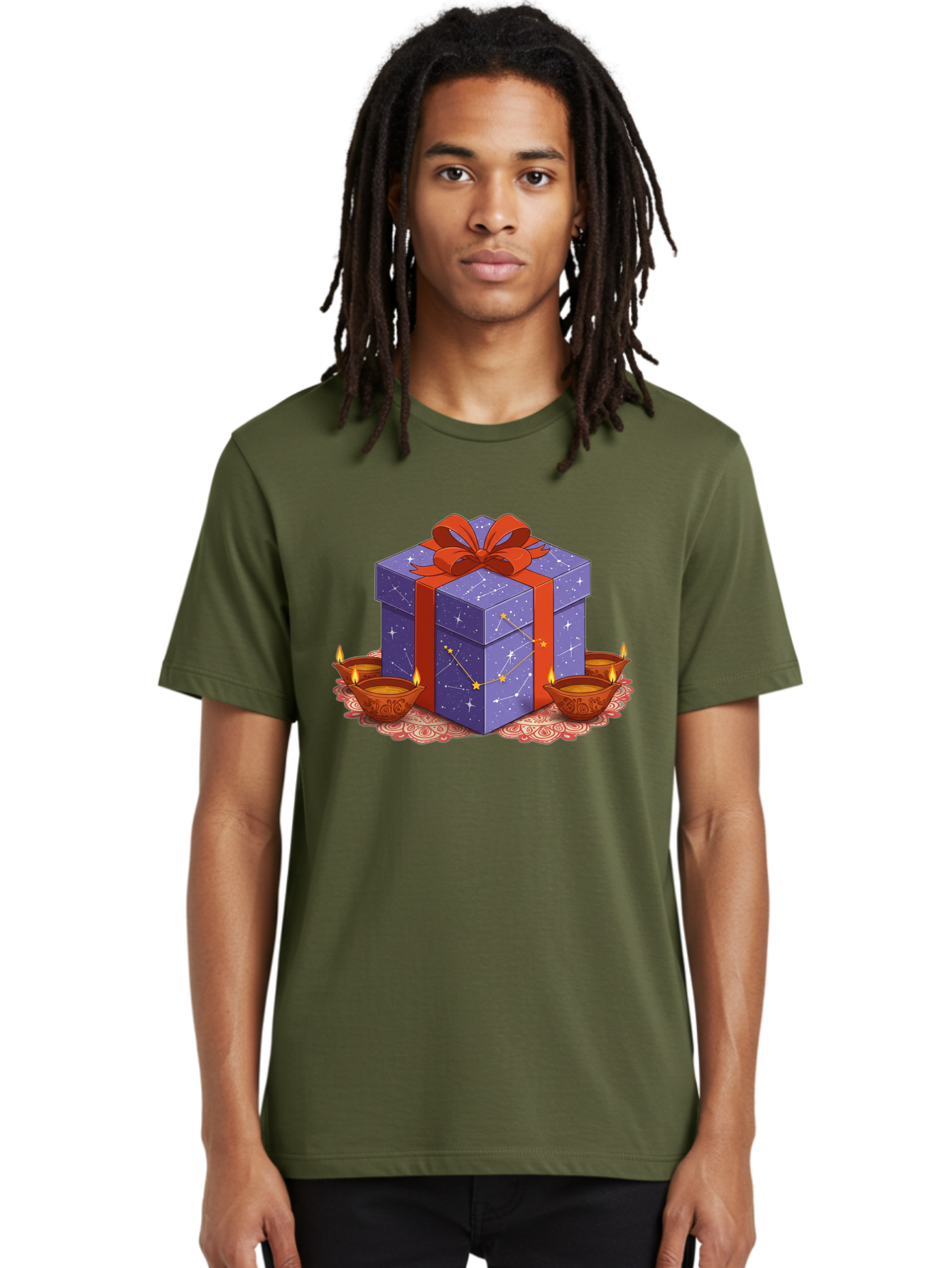 Gift-Box-With-Stars Men'S Graphic Tee, 100% Cotton, Comfortable Casual Summer Wear, Machine Washable, Gift Box With Stars, Constellation Pattern, Diyas With Candles, Festive Celebration, Decorative Elements, Traditional Indian Culture, Bad143
