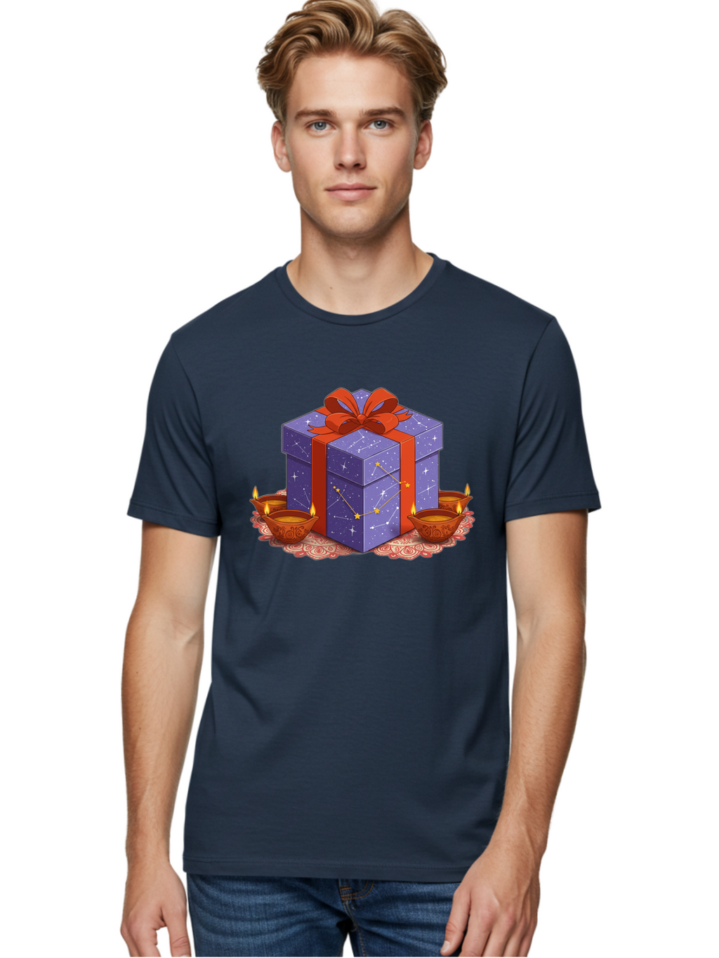 Gift-Box-With-Stars Men'S Graphic Tee, 100% Cotton, Comfortable Casual Summer Wear, Machine Washable, Gift Box With Stars, Constellation Pattern, Diyas With Candles, Festive Celebration, Decorative Elements, Traditional Indian Culture, Bad143