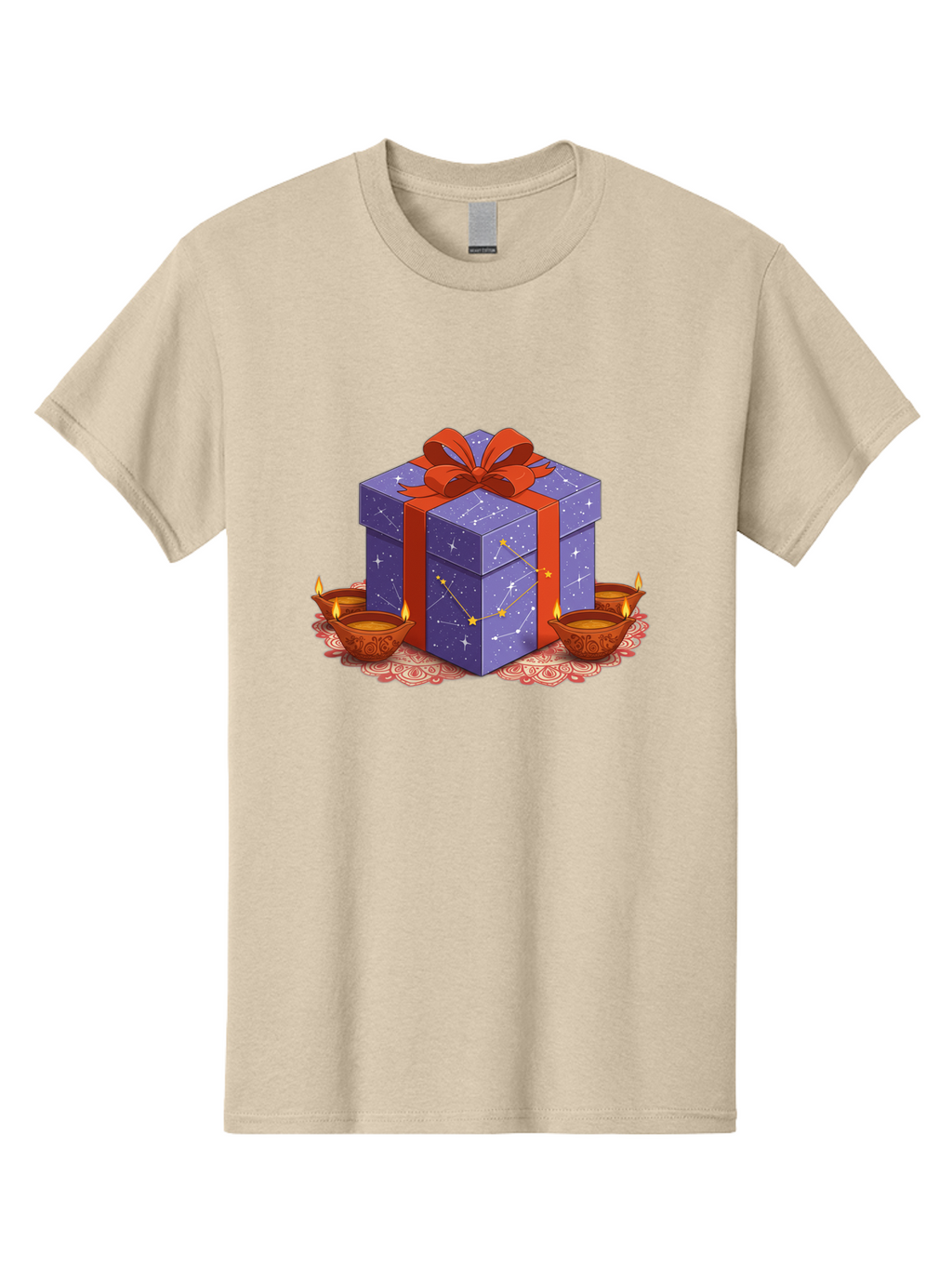 Gift-Box-With-Stars Men'S Graphic Tee, 100% Cotton, Comfortable Casual Summer Wear, Machine Washable, Gift Box With Stars, Constellation Pattern, Diyas With Candles, Festive Celebration, Decorative Elements, Traditional Indian Culture, Bad143