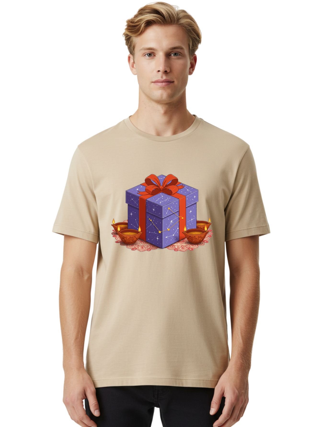 Gift-Box-With-Stars Men'S Graphic Tee, 100% Cotton, Comfortable Casual Summer Wear, Machine Washable, Gift Box With Stars, Constellation Pattern, Diyas With Candles, Festive Celebration, Decorative Elements, Traditional Indian Culture, Bad143