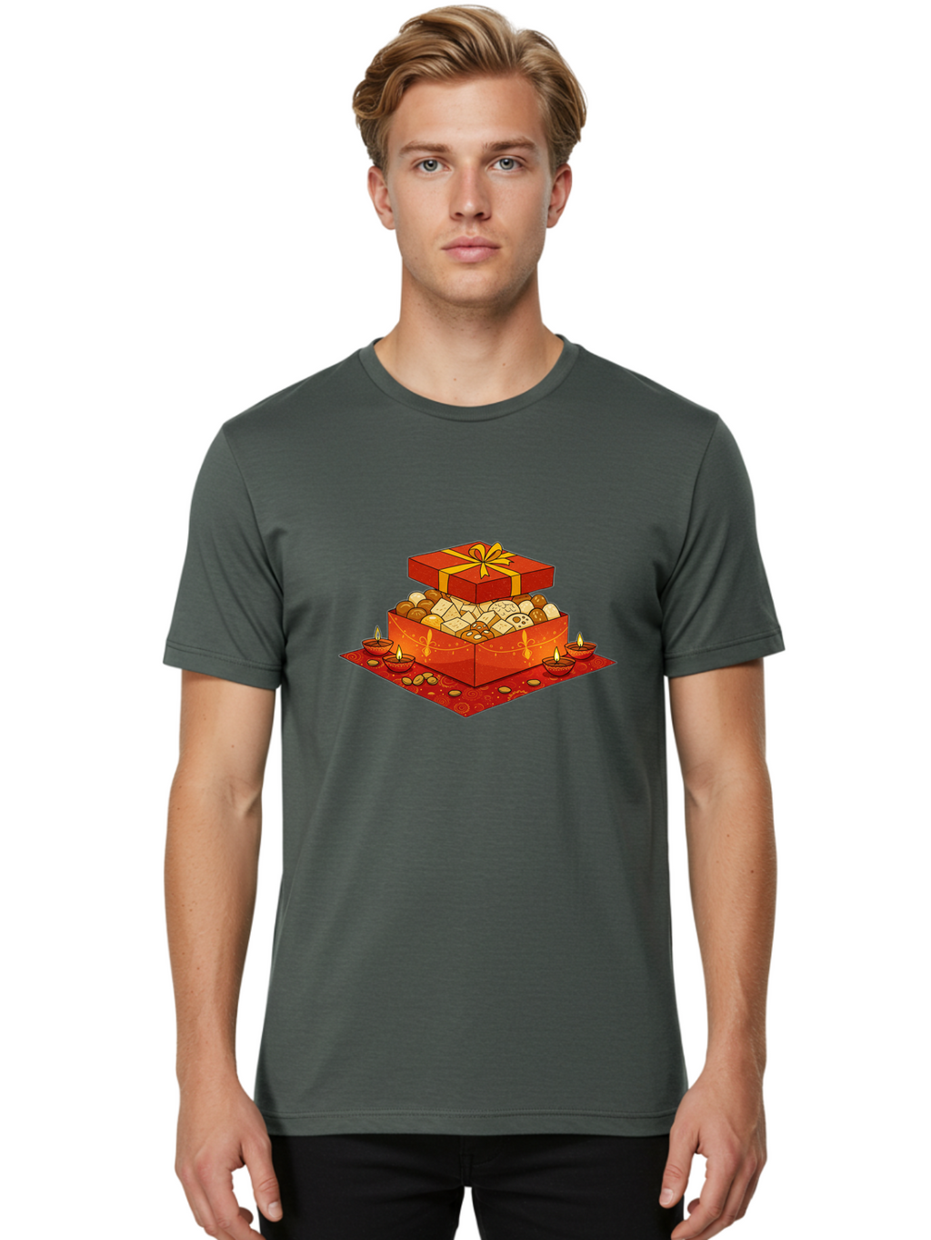 Gift-Box-With-Sweets Men'S Graphic Tee, 100% Cotton, Comfortable Casual Summer Wear, Machine Washable, Gift Box, Diwali Sweets, Traditional Indian Sweets, Mithai, Diwali Celebration, Lit Diyas, Festive Atmosphere, Red Gift Box, Yellow Ribbon Bad144