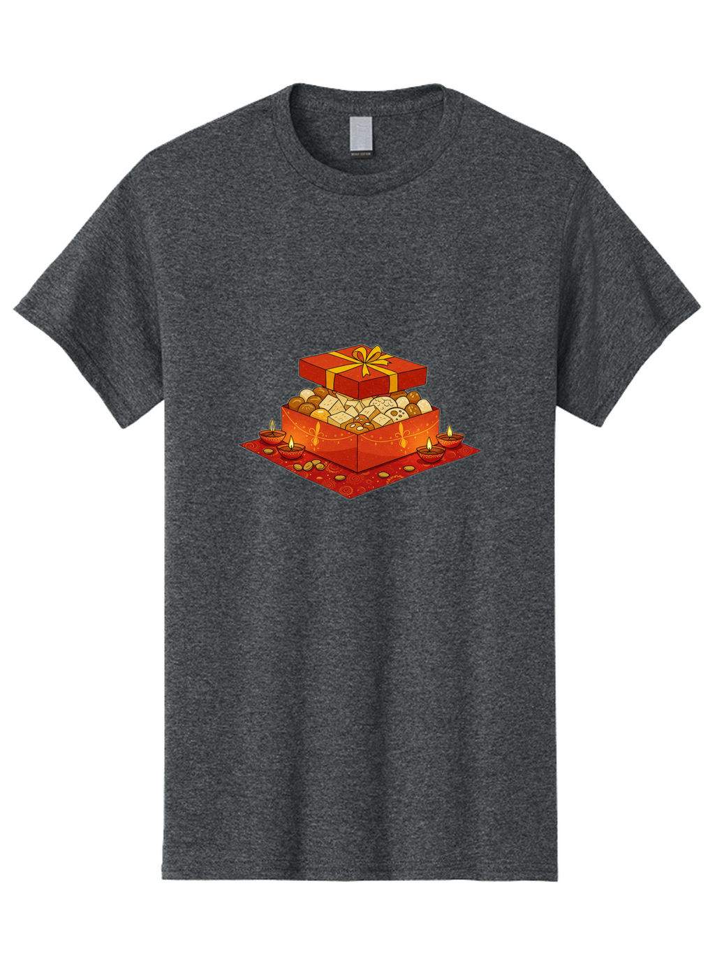 Gift-Box-With-Sweets Men'S Graphic Tee, 100% Cotton, Comfortable Casual Summer Wear, Machine Washable, Gift Box, Diwali Sweets, Traditional Indian Sweets, Mithai, Diwali Celebration, Lit Diyas, Festive Atmosphere, Red Gift Box, Yellow Ribbon Bad144