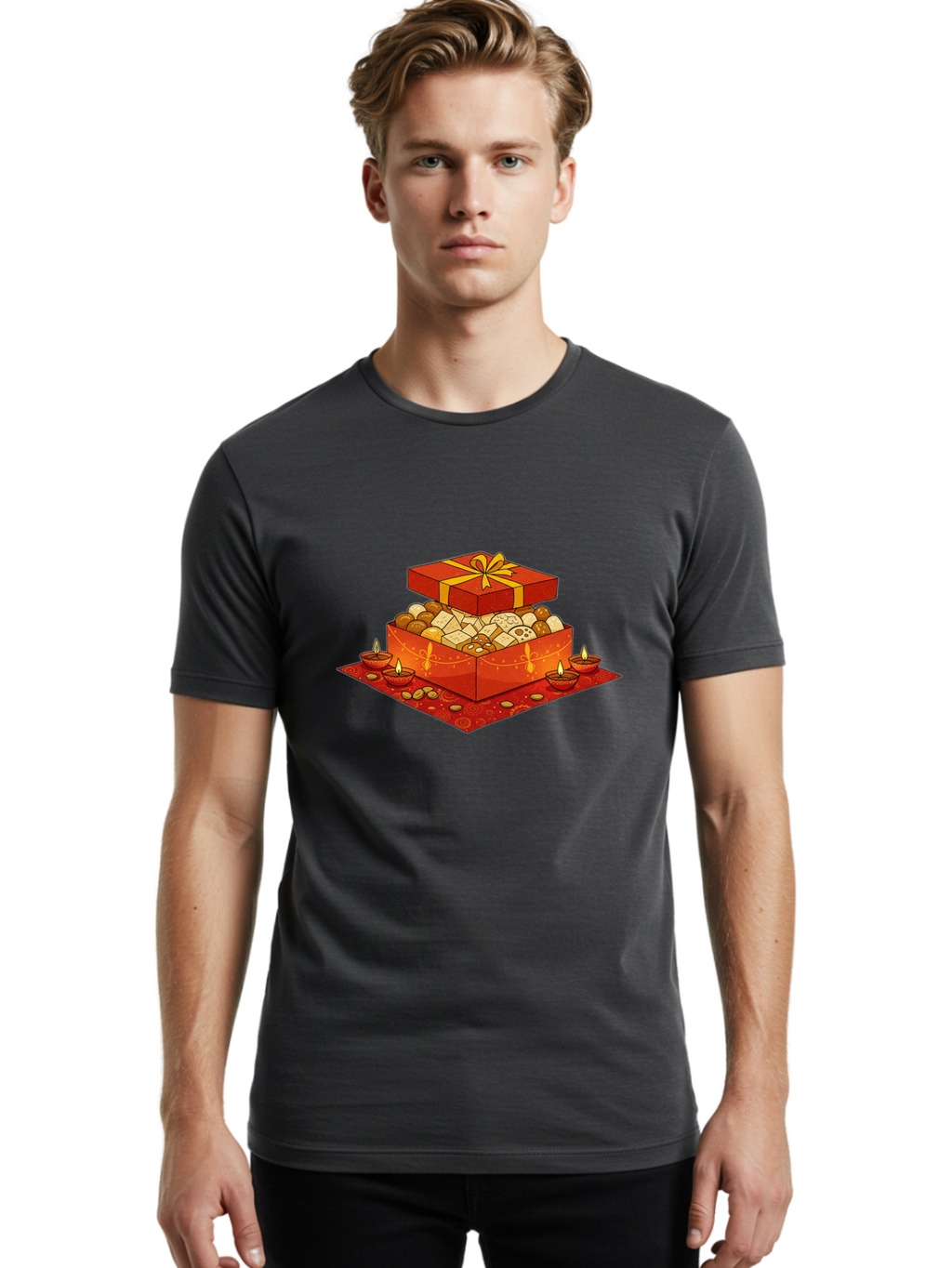 Gift-Box-With-Sweets Men'S Graphic Tee, 100% Cotton, Comfortable Casual Summer Wear, Machine Washable, Gift Box, Diwali Sweets, Traditional Indian Sweets, Mithai, Diwali Celebration, Lit Diyas, Festive Atmosphere, Red Gift Box, Yellow Ribbon Bad144