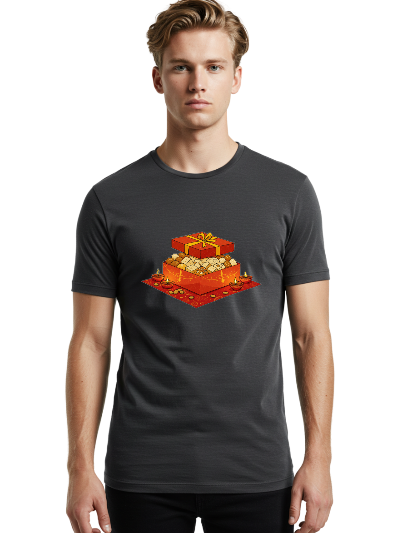 Gift-Box-With-Sweets Men'S Graphic Tee, 100% Cotton, Comfortable Casual Summer Wear, Machine Washable, Gift Box, Diwali Sweets, Traditional Indian Sweets, Mithai, Diwali Celebration, Lit Diyas, Festive Atmosphere, Red Gift Box, Yellow Ribbon Bad144