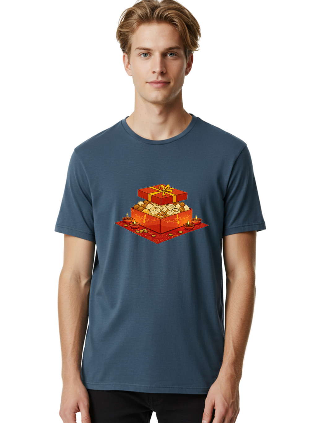 Gift-Box-With-Sweets Men'S Graphic Tee, 100% Cotton, Comfortable Casual Summer Wear, Machine Washable, Gift Box, Diwali Sweets, Traditional Indian Sweets, Mithai, Diwali Celebration, Lit Diyas, Festive Atmosphere, Red Gift Box, Yellow Ribbon Bad144