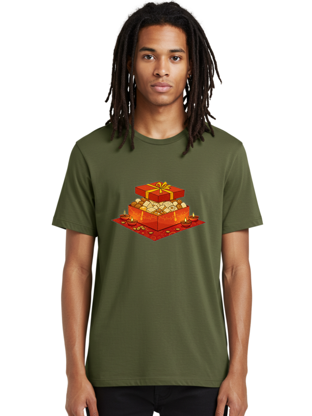 Gift-Box-With-Sweets Men'S Graphic Tee, 100% Cotton, Comfortable Casual Summer Wear, Machine Washable, Gift Box, Diwali Sweets, Traditional Indian Sweets, Mithai, Diwali Celebration, Lit Diyas, Festive Atmosphere, Red Gift Box, Yellow Ribbon Bad144