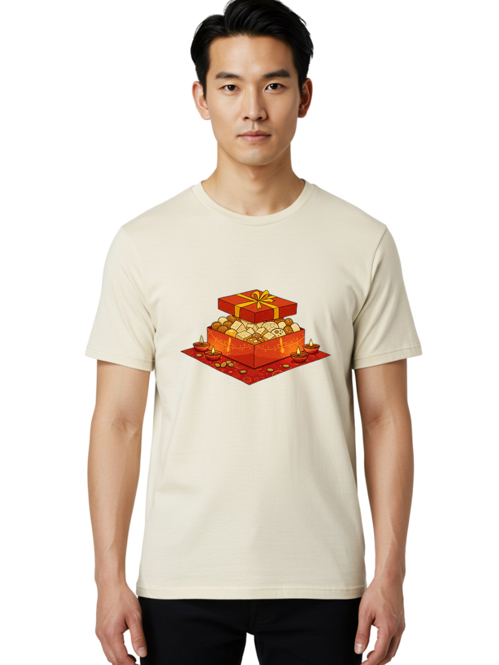 Gift-Box-With-Sweets Men'S Graphic Tee, 100% Cotton, Comfortable Casual Summer Wear, Machine Washable, Gift Box, Diwali Sweets, Traditional Indian Sweets, Mithai, Diwali Celebration, Lit Diyas, Festive Atmosphere, Red Gift Box, Yellow Ribbon Bad144