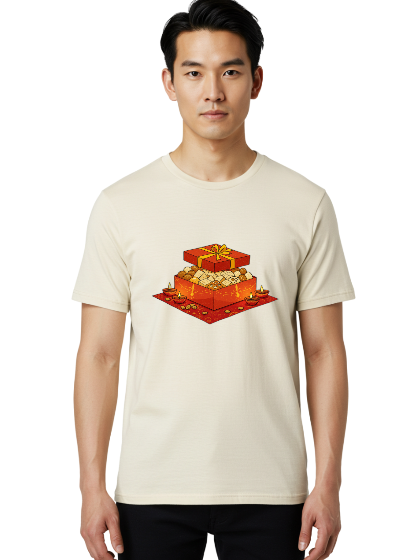 Gift-Box-With-Sweets Men'S Graphic Tee, 100% Cotton, Comfortable Casual Summer Wear, Machine Washable, Gift Box, Diwali Sweets, Traditional Indian Sweets, Mithai, Diwali Celebration, Lit Diyas, Festive Atmosphere, Red Gift Box, Yellow Ribbon Bad144