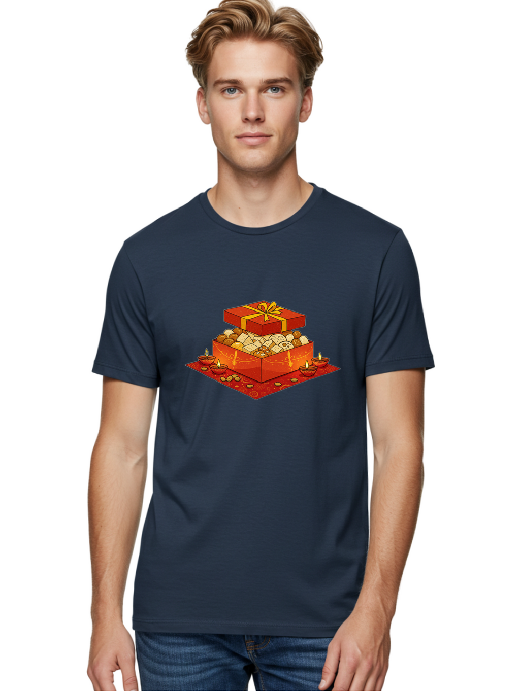Gift-Box-With-Sweets Men'S Graphic Tee, 100% Cotton, Comfortable Casual Summer Wear, Machine Washable, Gift Box, Diwali Sweets, Traditional Indian Sweets, Mithai, Diwali Celebration, Lit Diyas, Festive Atmosphere, Red Gift Box, Yellow Ribbon Bad144