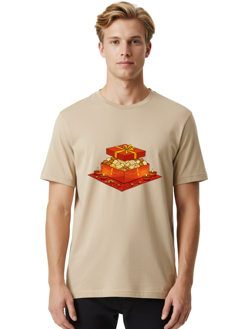 Gift-Box-With-Sweets Men'S Graphic Tee, 100% Cotton, Comfortable Casual Summer Wear, Machine Washable, Gift Box, Diwali Sweets, Traditional Indian Sweets, Mithai, Diwali Celebration, Lit Diyas, Festive Atmosphere, Red Gift Box, Yellow Ribbon Bad144