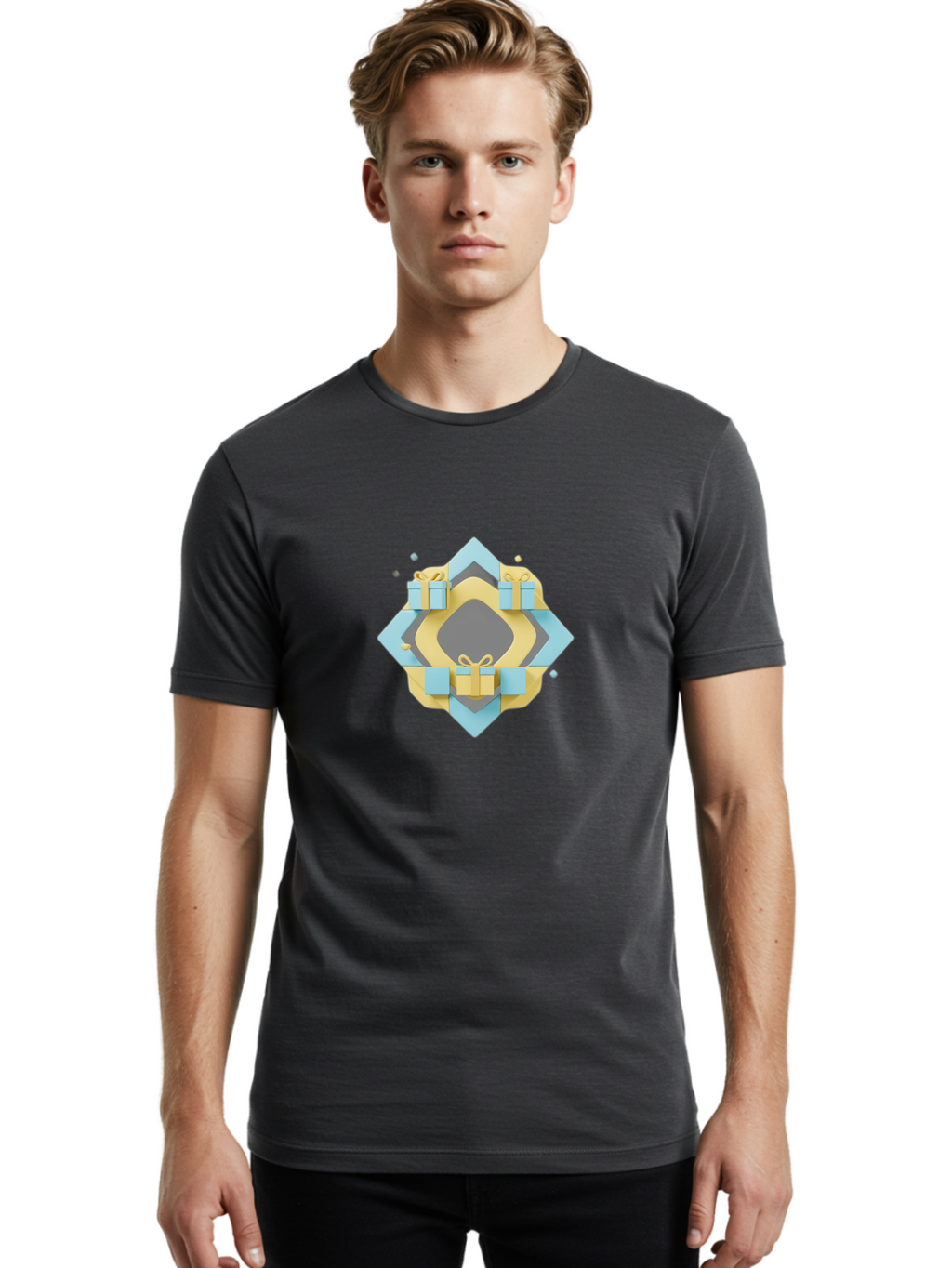 Gift-Boxes Men'S Graphic Tee, 100% Cotton, Comfortable Casual Summer Wear, Machine Washable, Gift Boxes, Wrapped Presents, Blue And Yellow Packaging, Decorative Bows, Festive Design, Celebration Gift, Luxury Presents Bad146