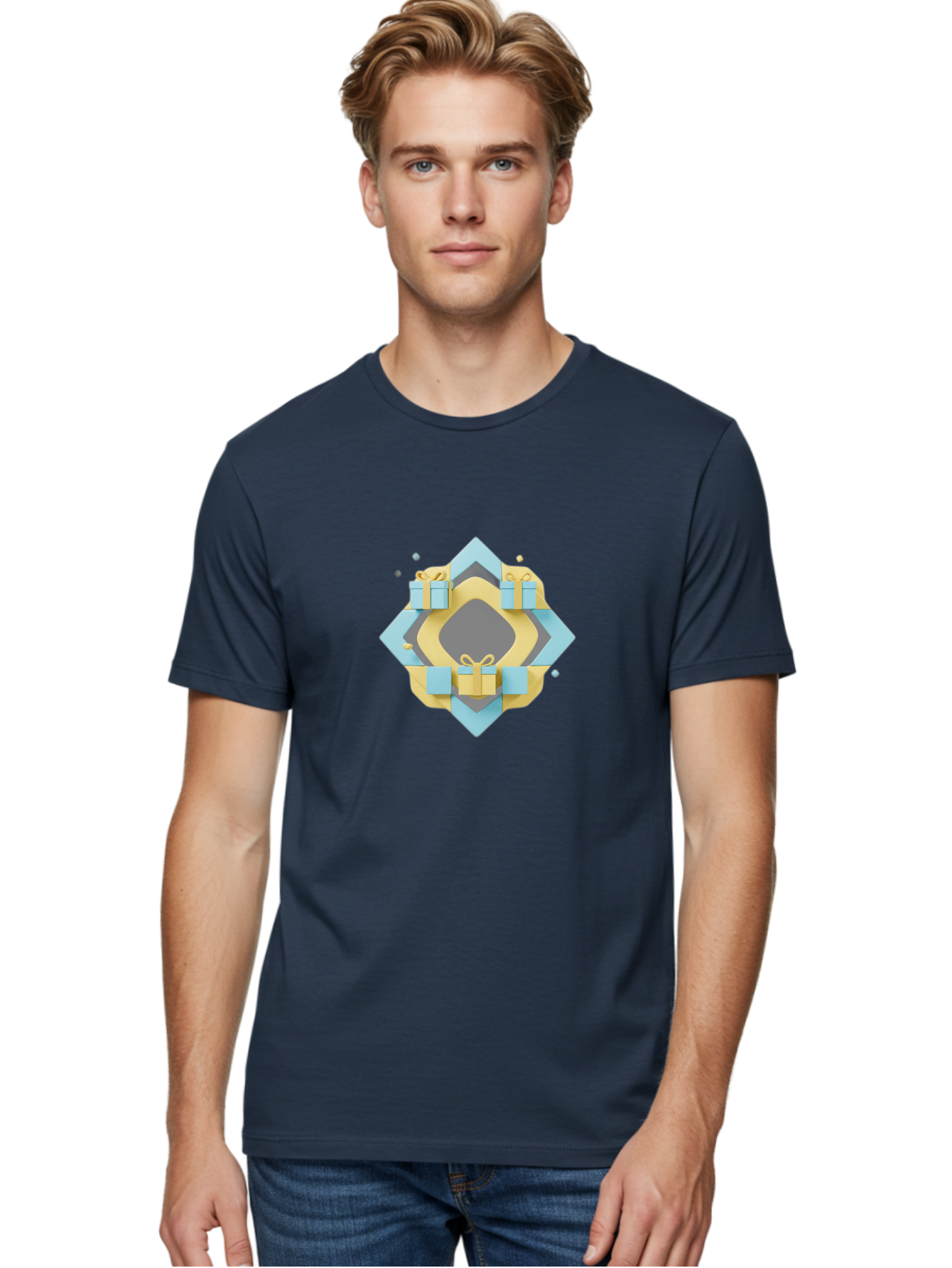 Gift-Boxes Men'S Graphic Tee, 100% Cotton, Comfortable Casual Summer Wear, Machine Washable, Gift Boxes, Wrapped Presents, Blue And Yellow Packaging, Decorative Bows, Festive Design, Celebration Gift, Luxury Presents Bad146