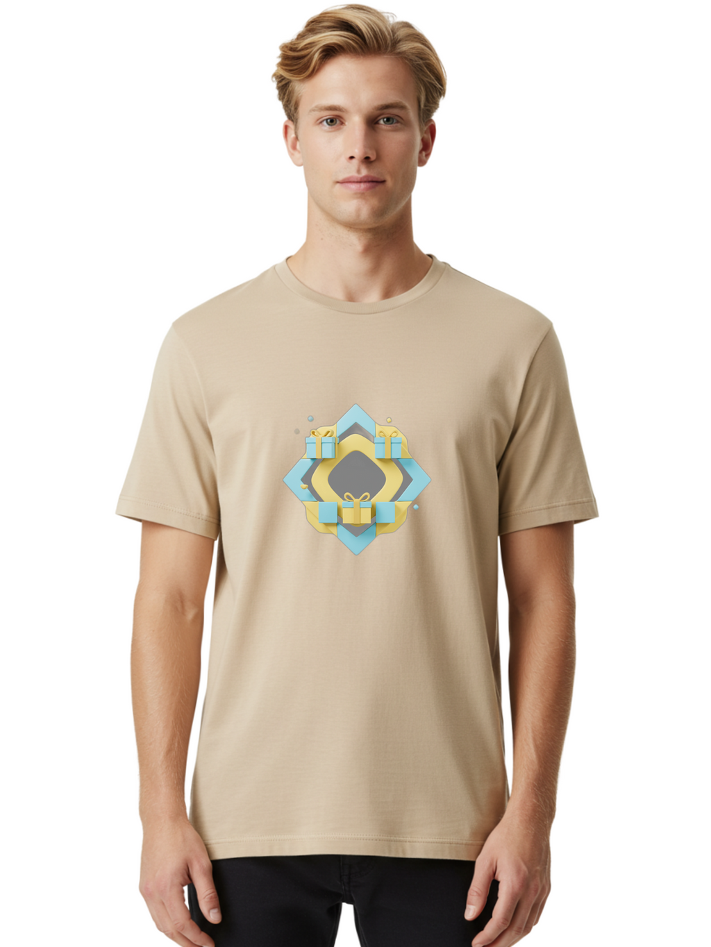 Gift-Boxes Men'S Graphic Tee, 100% Cotton, Comfortable Casual Summer Wear, Machine Washable, Gift Boxes, Wrapped Presents, Blue And Yellow Packaging, Decorative Bows, Festive Design, Celebration Gift, Luxury Presents Bad146