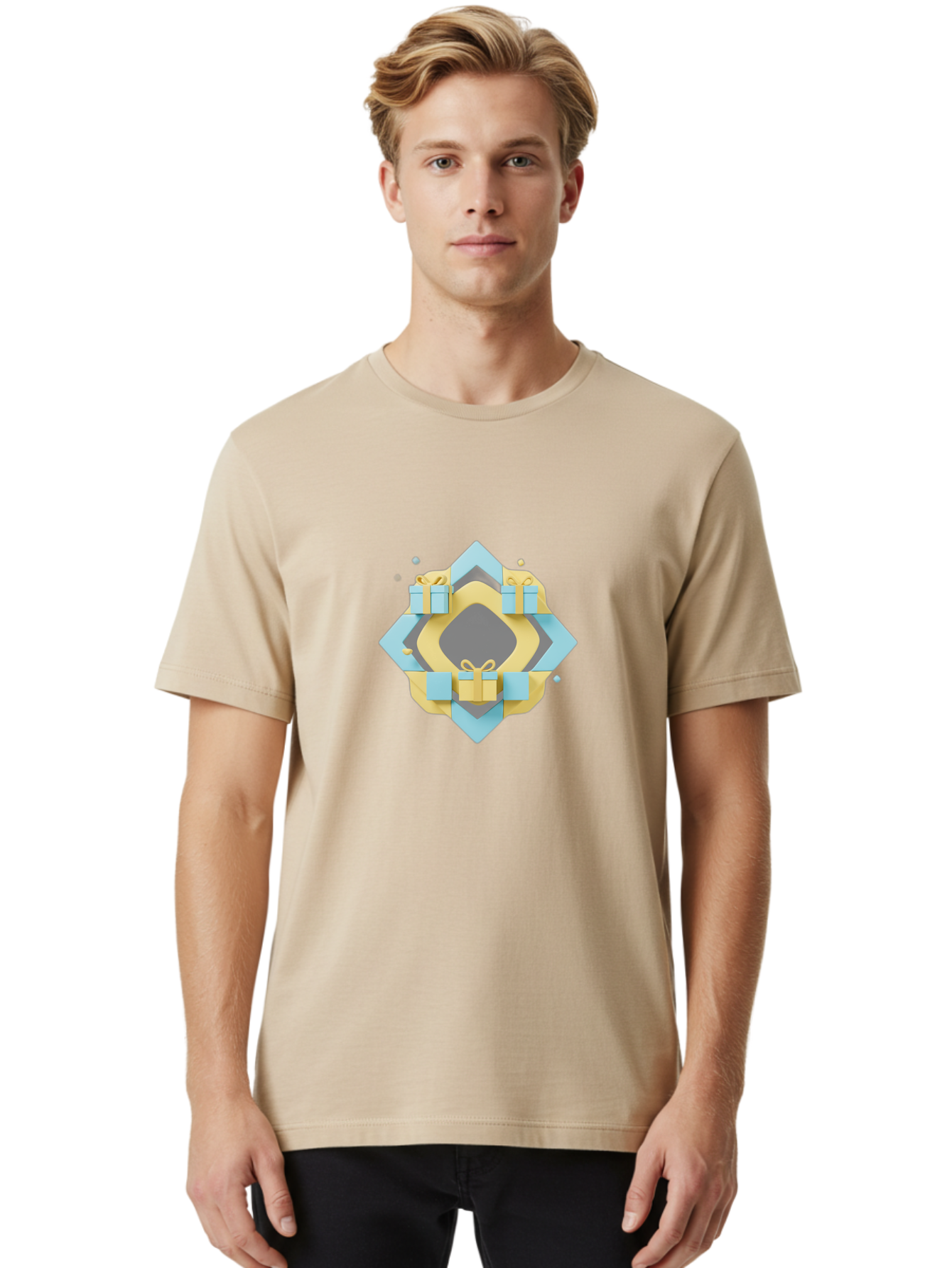 Gift-Boxes Men'S Graphic Tee, 100% Cotton, Comfortable Casual Summer Wear, Machine Washable, Gift Boxes, Wrapped Presents, Blue And Yellow Packaging, Decorative Bows, Festive Design, Celebration Gift, Luxury Presents Bad146