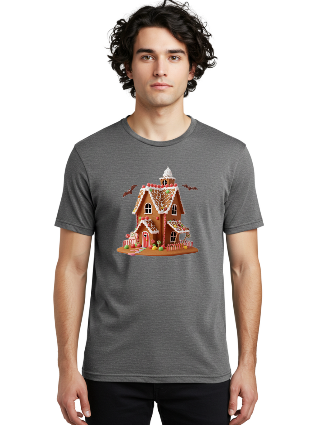 Gingerbread-House Men'S Graphic Tee, 100% Cotton, Comfortable Casual Summer Wear, Machine Washable, Gingerbread House, Holiday Treat, Festive Dessert, Candy Decorations, Icing Details, Red And White Candy, Holiday Sweets, Christmas Cookie, Bad148