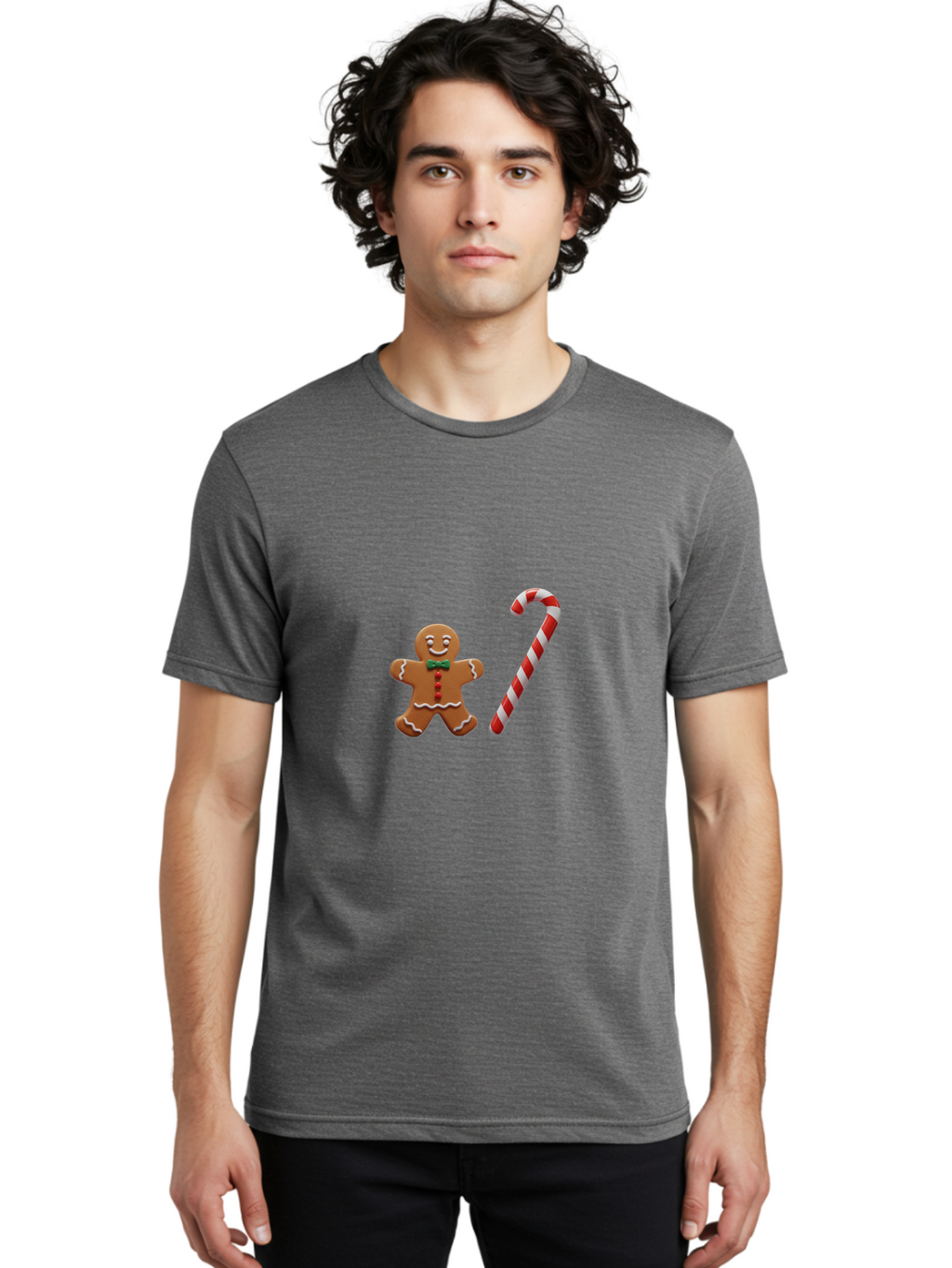 Gingerbread-Man-Candy-Cane Men'S Graphic Tee, 100% Cotton, Comfortable Casual Summer Wear, Machine Washable, Gingerbread Man, Candy Cane, Holiday Treats, Festive Sweets, Christmas Cookie, Red And White, Sweet Delights, Festive Decorations, Bad149