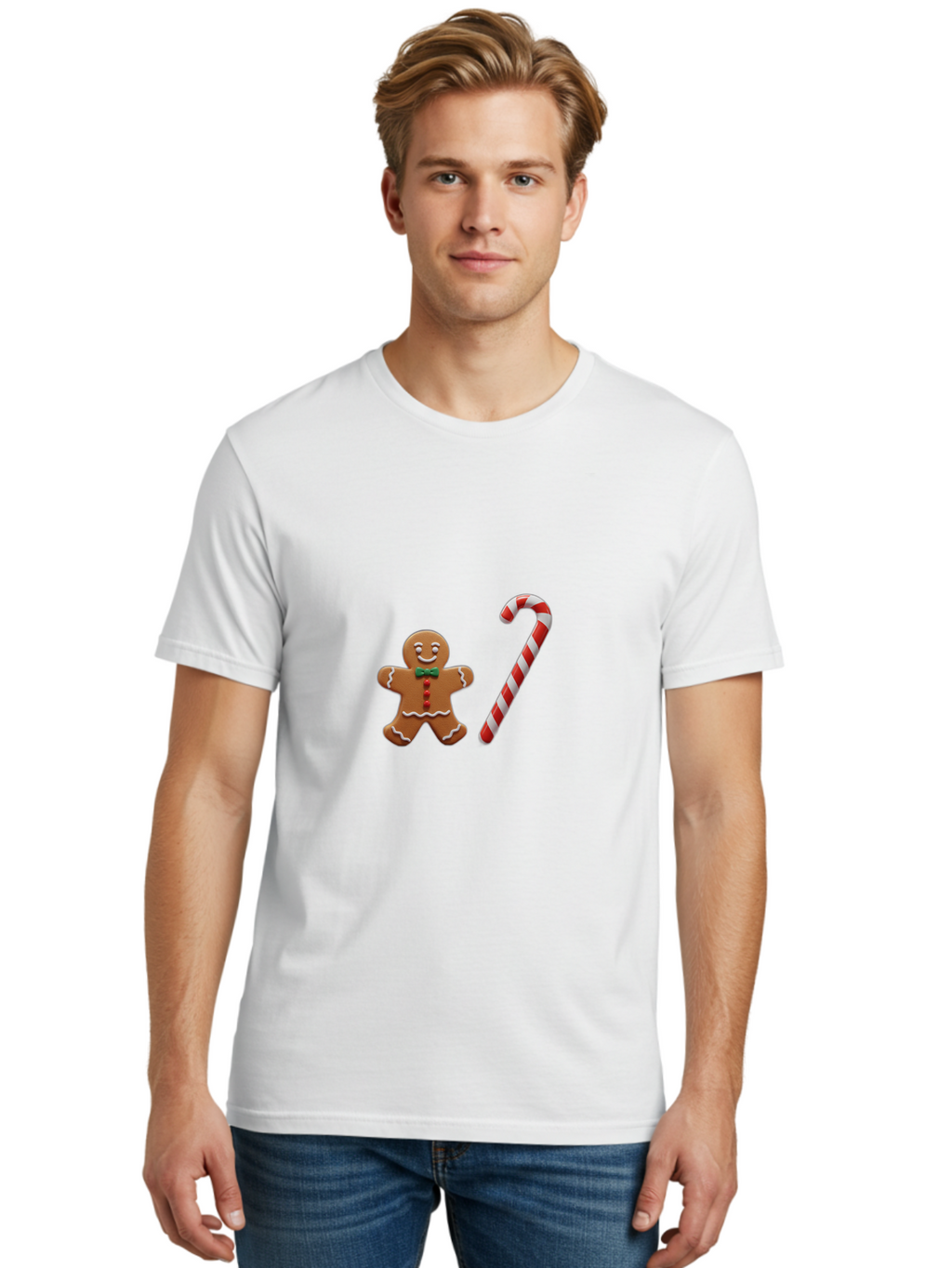 Gingerbread-Man-Candy-Cane Men'S Graphic Tee, 100% Cotton, Comfortable Casual Summer Wear, Machine Washable, Gingerbread Man, Candy Cane, Holiday Treats, Festive Sweets, Christmas Cookie, Red And White, Sweet Delights, Festive Decorations, Bad149