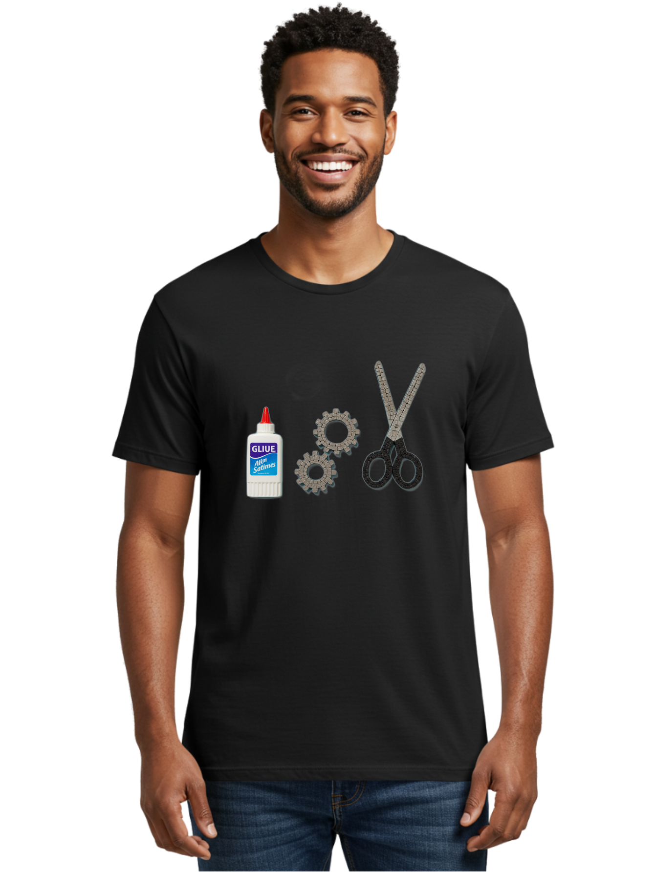 Gliue Men'S Graphic Tee, 100% Cotton, Comfortable Casual Summer Wear, Machine Washable, Bottle Of Glue, Scissors With Ruler Blades, Cogs, Crafting Supplies, Diy Project, Office Stationery, Repair Tools, Mechanical Parts, Art Project, Bad151
