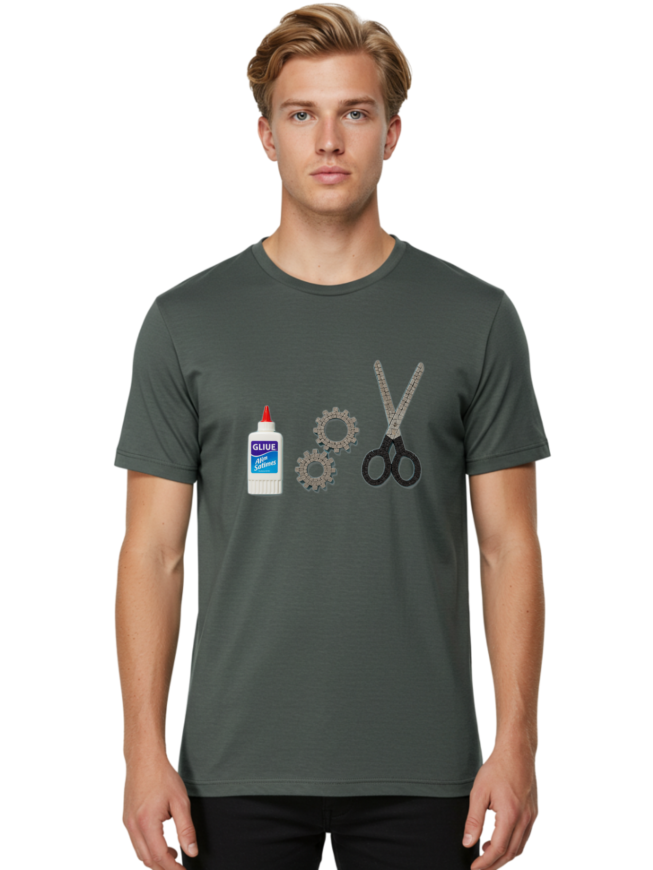 Gliue Men'S Graphic Tee, 100% Cotton, Comfortable Casual Summer Wear, Machine Washable, Bottle Of Glue, Scissors With Ruler Blades, Cogs, Crafting Supplies, Diy Project, Office Stationery, Repair Tools, Mechanical Parts, Art Project, Bad151