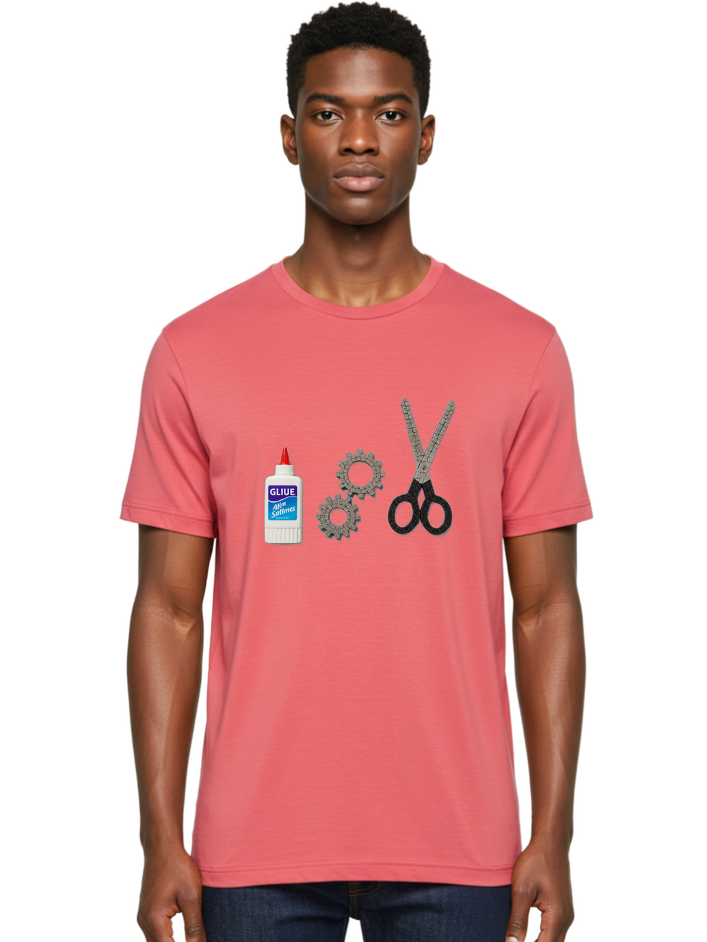 Gliue Men'S Graphic Tee, 100% Cotton, Comfortable Casual Summer Wear, Machine Washable, Bottle Of Glue, Scissors With Ruler Blades, Cogs, Crafting Supplies, Diy Project, Office Stationery, Repair Tools, Mechanical Parts, Art Project, Bad151