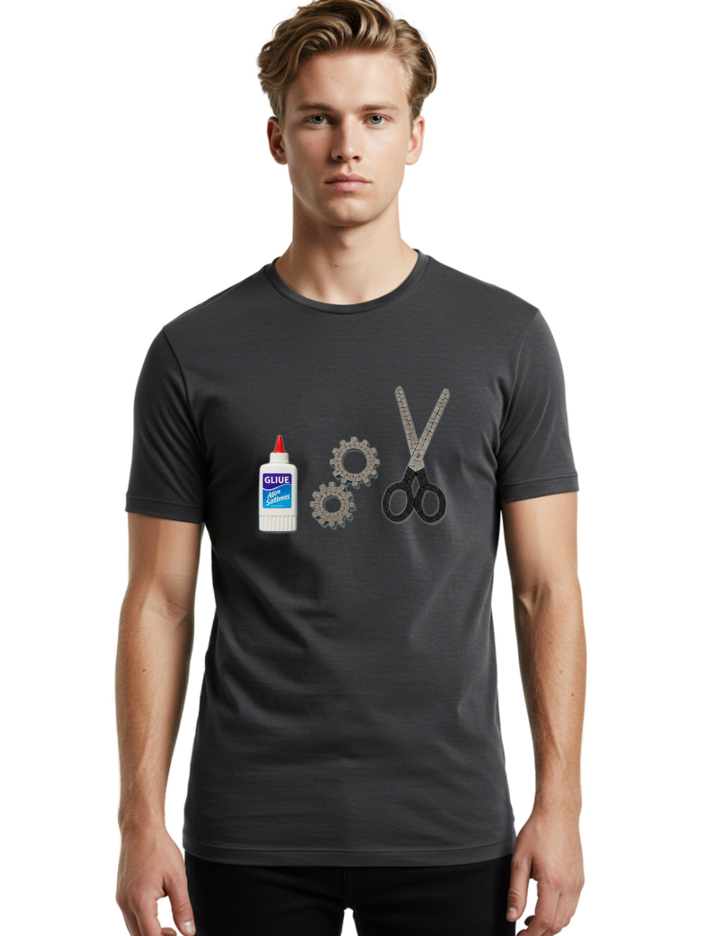 Gliue Men'S Graphic Tee, 100% Cotton, Comfortable Casual Summer Wear, Machine Washable, Bottle Of Glue, Scissors With Ruler Blades, Cogs, Crafting Supplies, Diy Project, Office Stationery, Repair Tools, Mechanical Parts, Art Project, Bad151