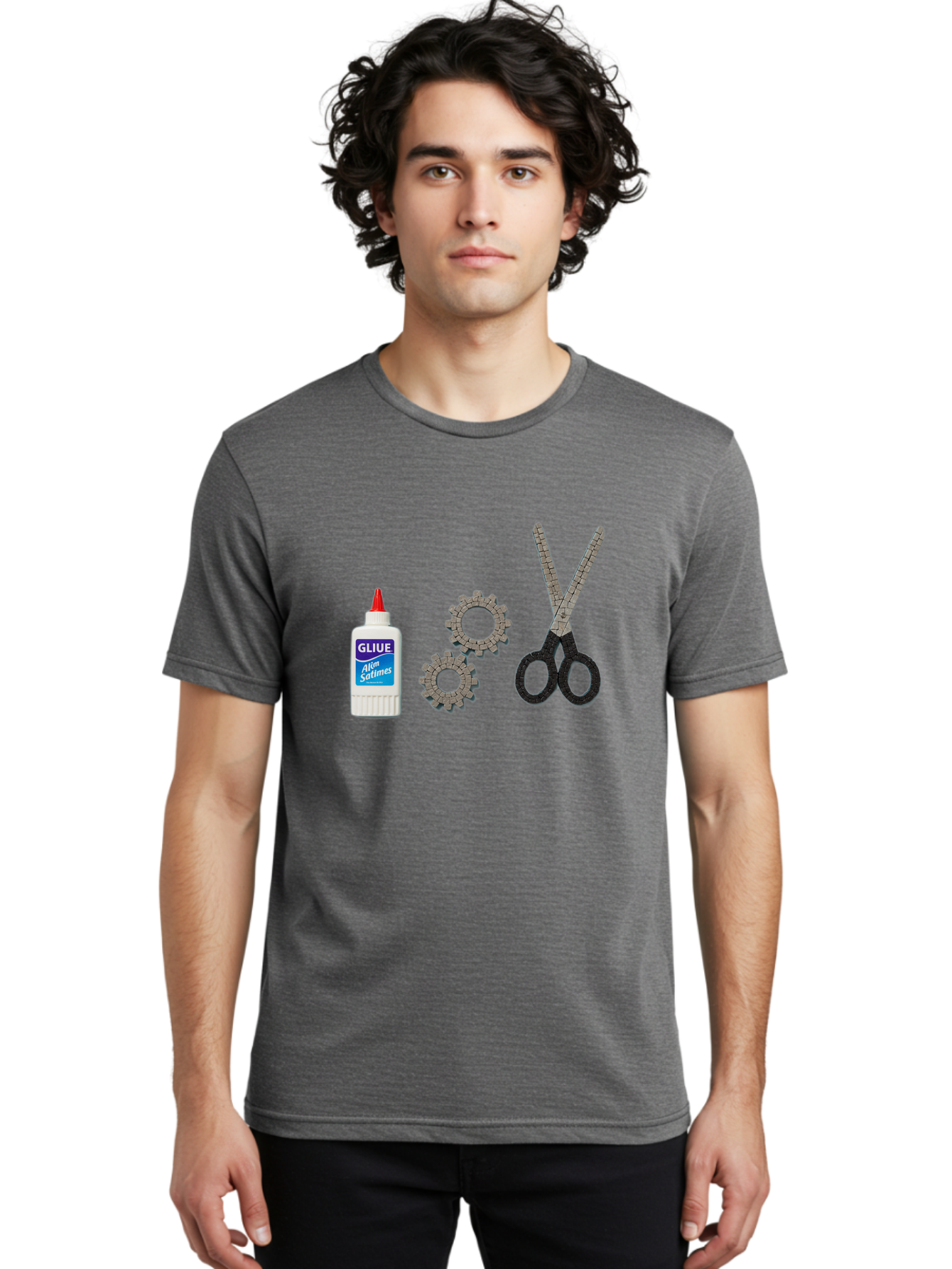 Gliue Men'S Graphic Tee, 100% Cotton, Comfortable Casual Summer Wear, Machine Washable, Bottle Of Glue, Scissors With Ruler Blades, Cogs, Crafting Supplies, Diy Project, Office Stationery, Repair Tools, Mechanical Parts, Art Project, Bad151