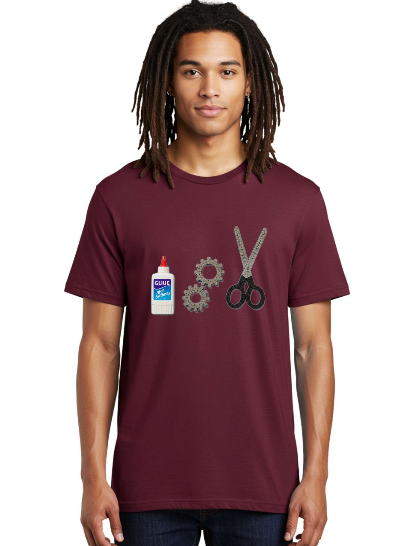 Gliue Men'S Graphic Tee, 100% Cotton, Comfortable Casual Summer Wear, Machine Washable, Bottle Of Glue, Scissors With Ruler Blades, Cogs, Crafting Supplies, Diy Project, Office Stationery, Repair Tools, Mechanical Parts, Art Project, Bad151