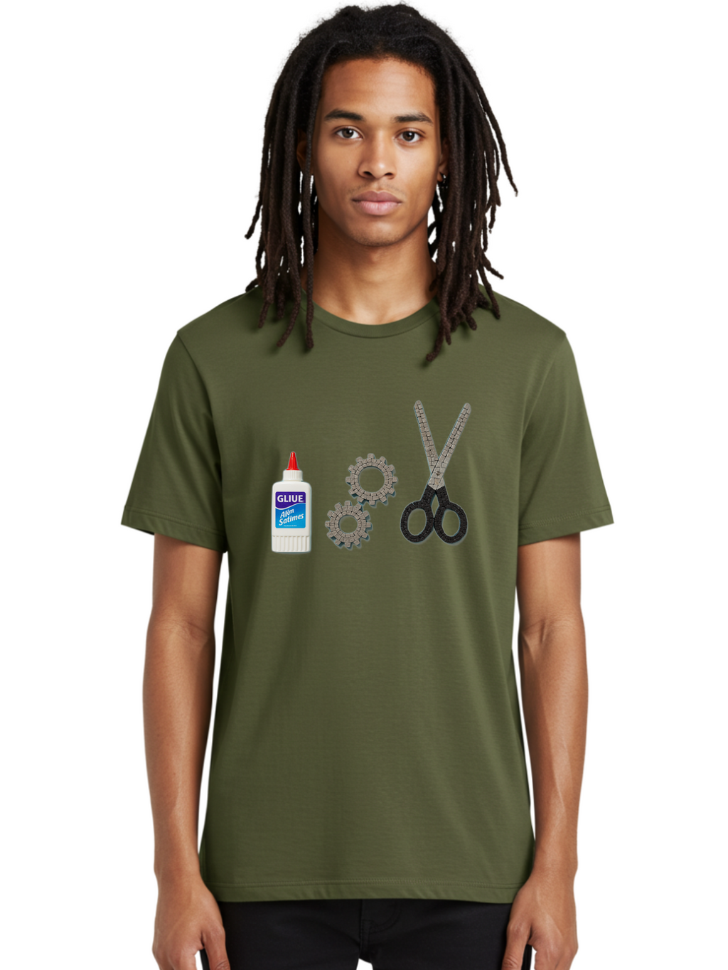 Gliue Men'S Graphic Tee, 100% Cotton, Comfortable Casual Summer Wear, Machine Washable, Bottle Of Glue, Scissors With Ruler Blades, Cogs, Crafting Supplies, Diy Project, Office Stationery, Repair Tools, Mechanical Parts, Art Project, Bad151