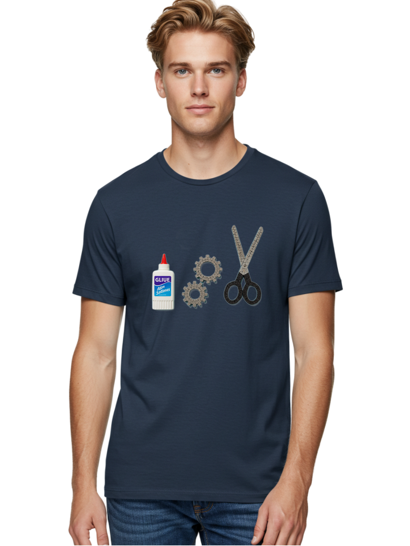 Gliue Men'S Graphic Tee, 100% Cotton, Comfortable Casual Summer Wear, Machine Washable, Bottle Of Glue, Scissors With Ruler Blades, Cogs, Crafting Supplies, Diy Project, Office Stationery, Repair Tools, Mechanical Parts, Art Project, Bad151