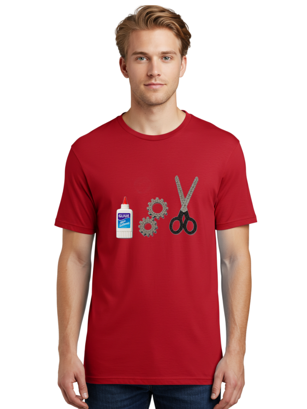 Gliue Men'S Graphic Tee, 100% Cotton, Comfortable Casual Summer Wear, Machine Washable, Bottle Of Glue, Scissors With Ruler Blades, Cogs, Crafting Supplies, Diy Project, Office Stationery, Repair Tools, Mechanical Parts, Art Project, Bad151