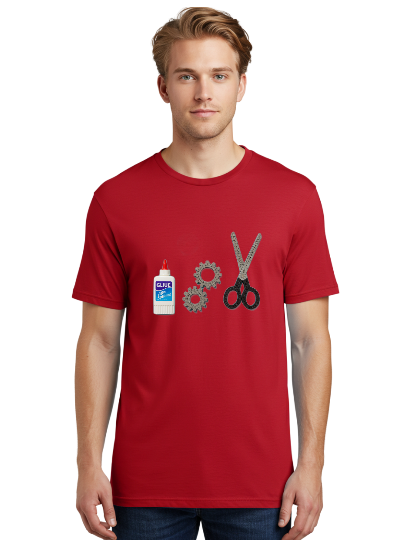 Gliue Men'S Graphic Tee, 100% Cotton, Comfortable Casual Summer Wear, Machine Washable, Bottle Of Glue, Scissors With Ruler Blades, Cogs, Crafting Supplies, Diy Project, Office Stationery, Repair Tools, Mechanical Parts, Art Project, Bad151